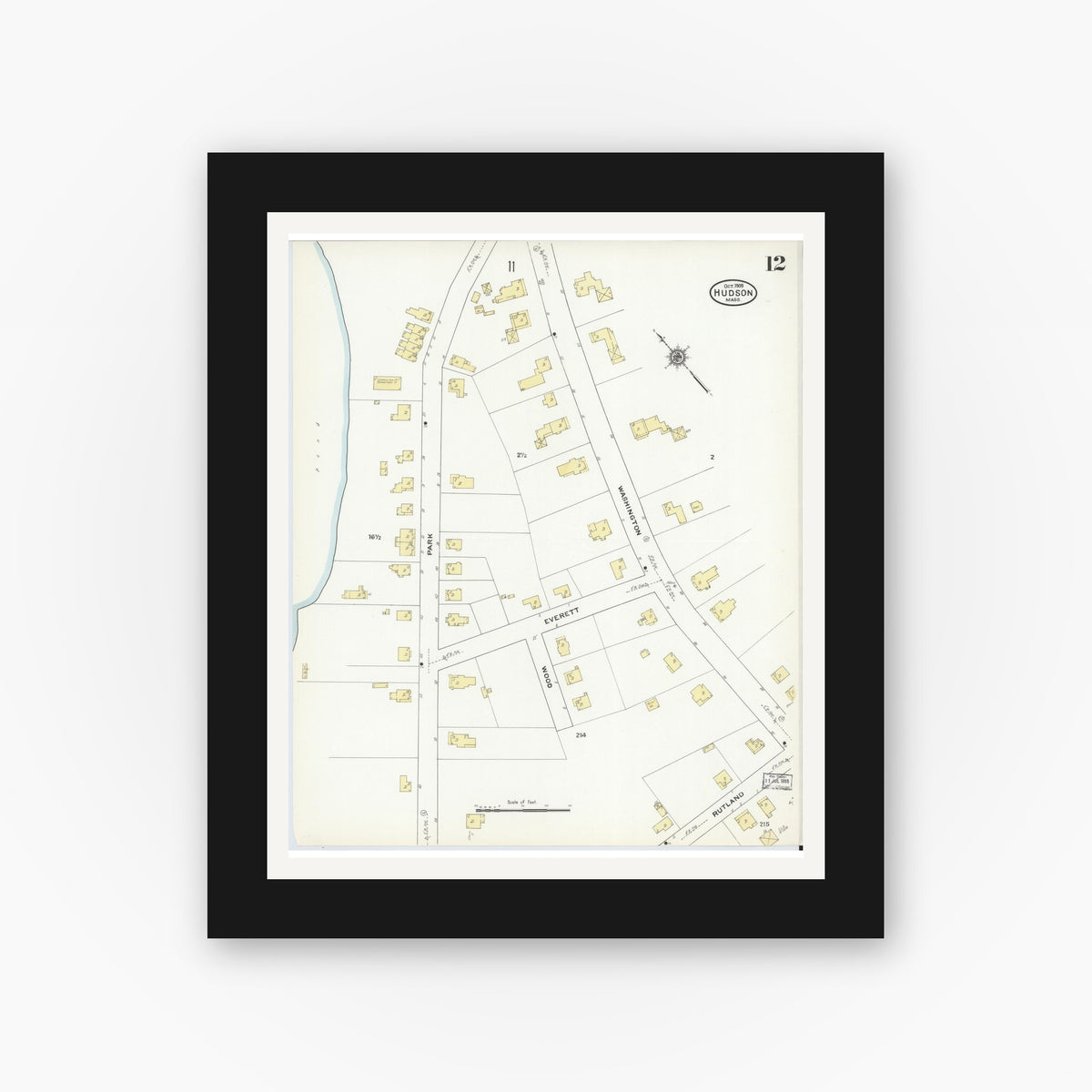 Old map wall art mockup — black gallery frame with white mat — Sanborn Fire Insurance Map from Hudson, Middlesex County, Massachusetts (1909), Sheet #0012