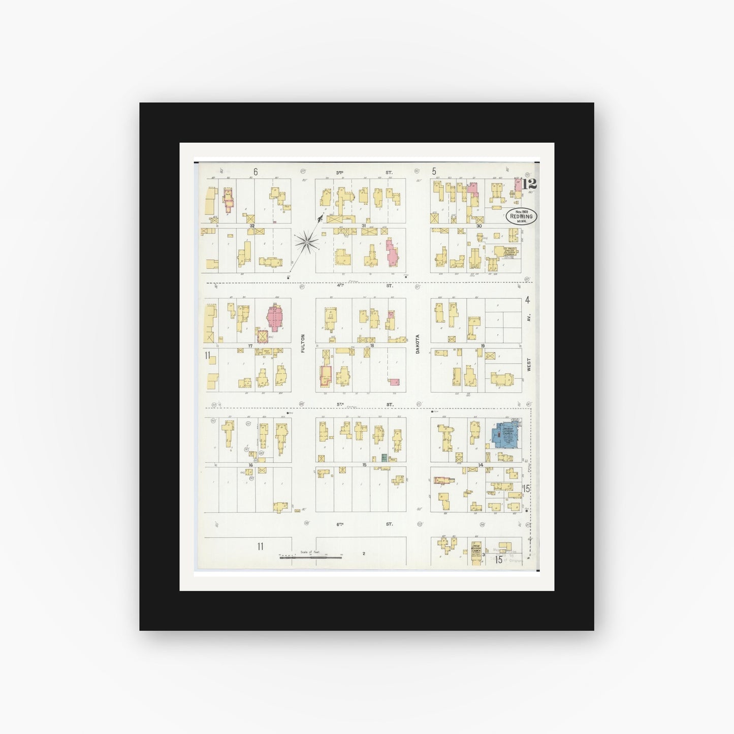 Old map wall art mockup — black gallery frame with white mat — Sanborn Fire Insurance Map from Red Wing, Goodhue County, Minnesota (1902), Sheet #0012