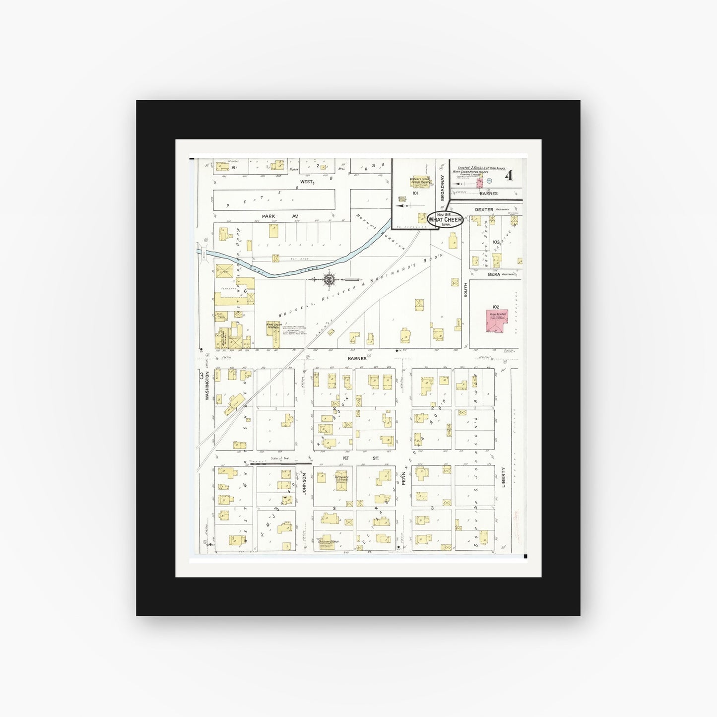 Old map wall art mockup — black gallery frame with white mat — Sanborn Fire Insurance Map from What Cheer, Keokuk County, Iowa (1916), Sheet #0004