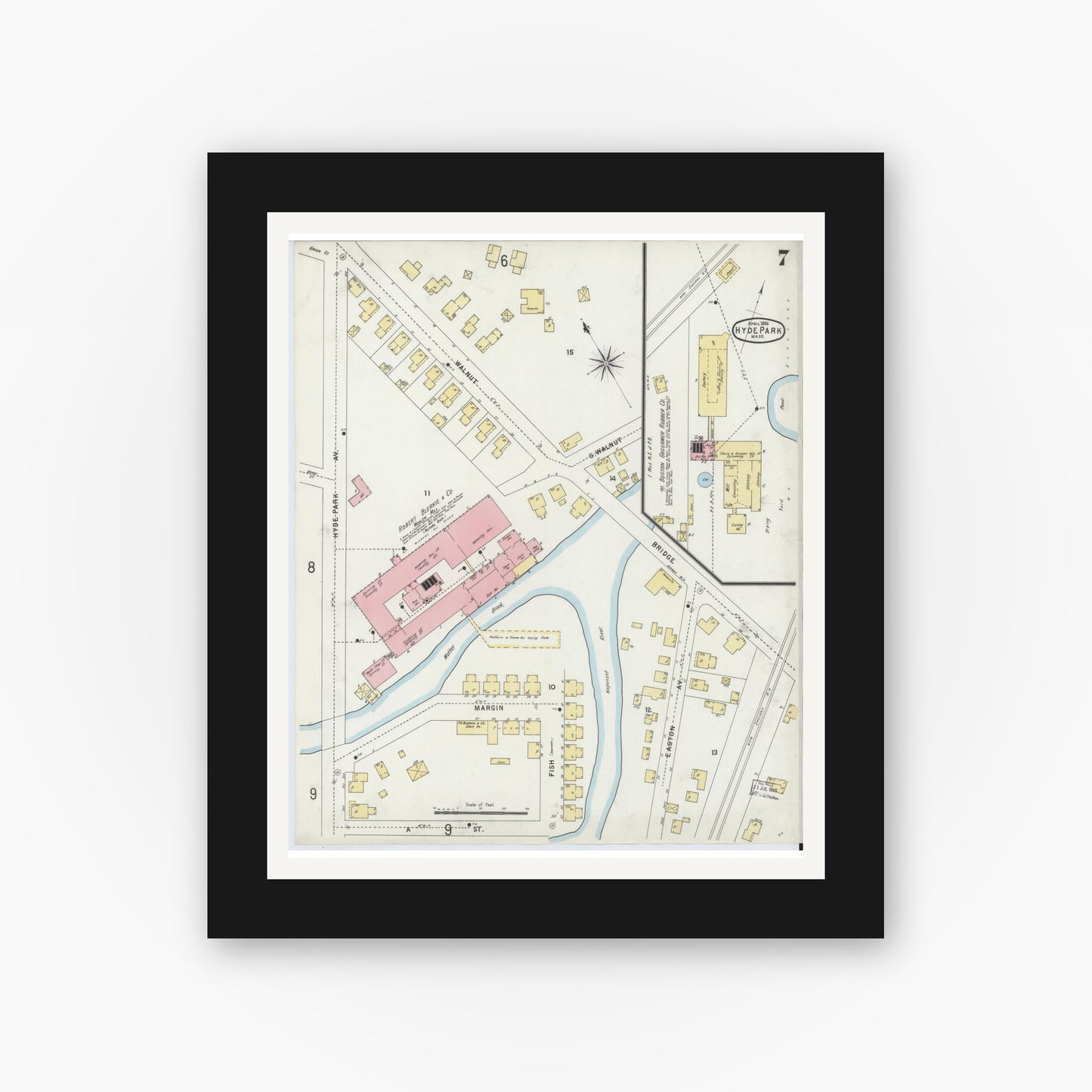 Old map wall art mockup — black gallery frame with white mat — Sanborn Fire Insurance Map from Hyde Park, Norfolk County, Massachusetts (1896), Sheet #0007