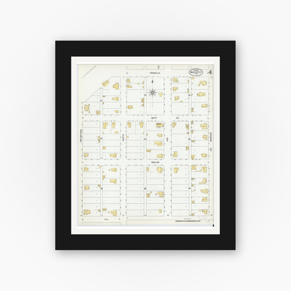 Old map wall art mockup — black gallery frame with white mat — Sanborn Fire Insurance Map from Wolfe City, Hunt County, Texas (1901), Sheet #0004