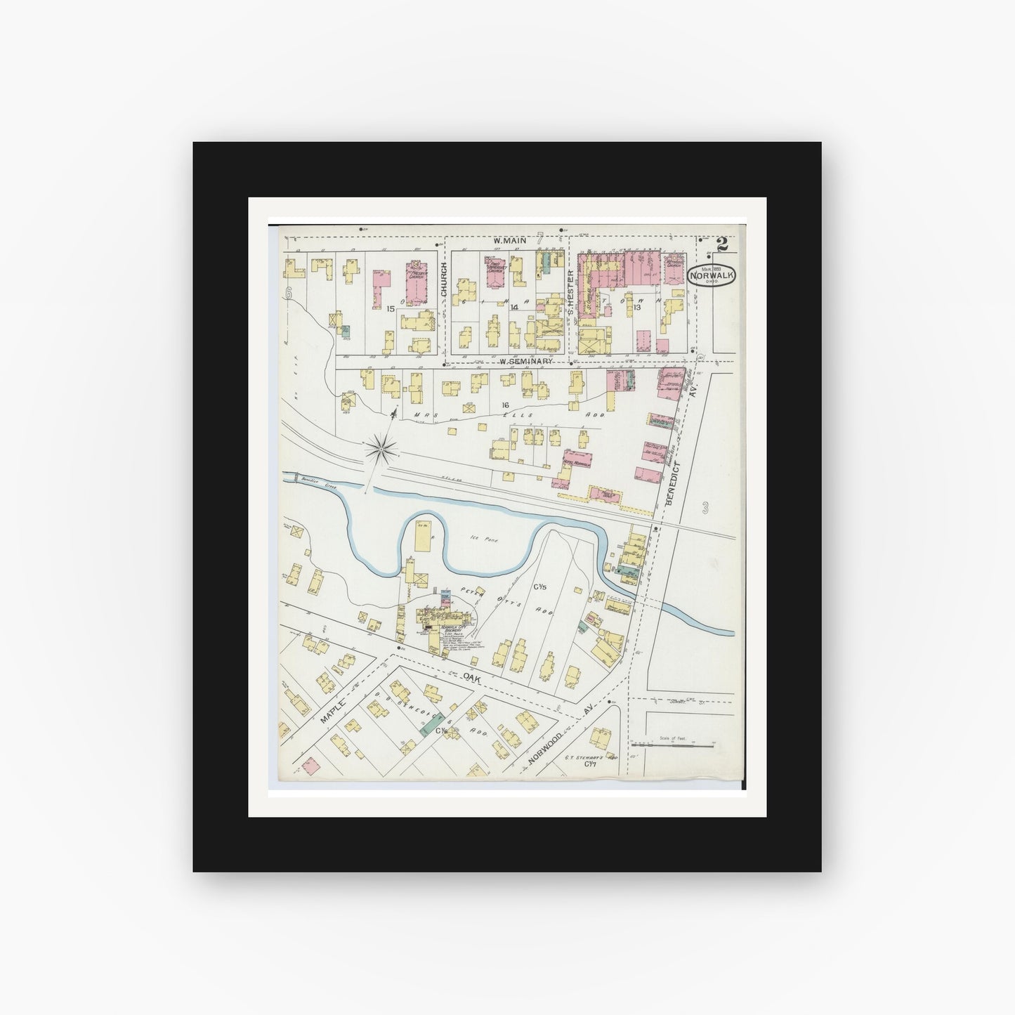 Old map wall art mockup — black gallery frame with white mat — Sanborn Fire Insurance Map from Norwalk, Huron County, Ohio (1893), Sheet #0002