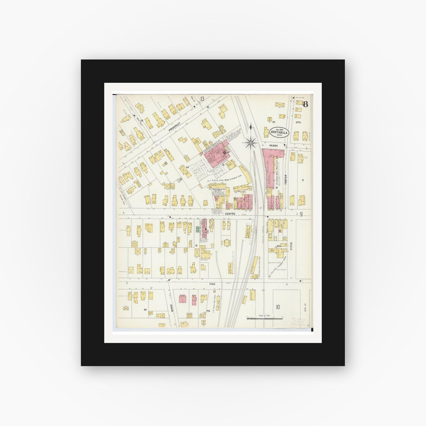 Old map wall art mockup — black gallery frame with white mat — Sanborn Fire Insurance Map from Ashtabula, Ashtabula County, Ohio (1903), Sheet #0008