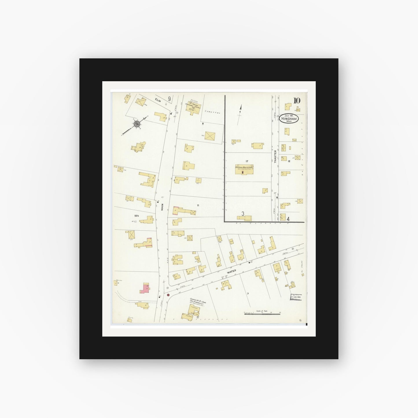 Old map wall art mockup — black gallery frame with white mat — Sanborn Fire Insurance Map from Hingham, Plymouth County, Massachusetts (1911), Sheet #0010