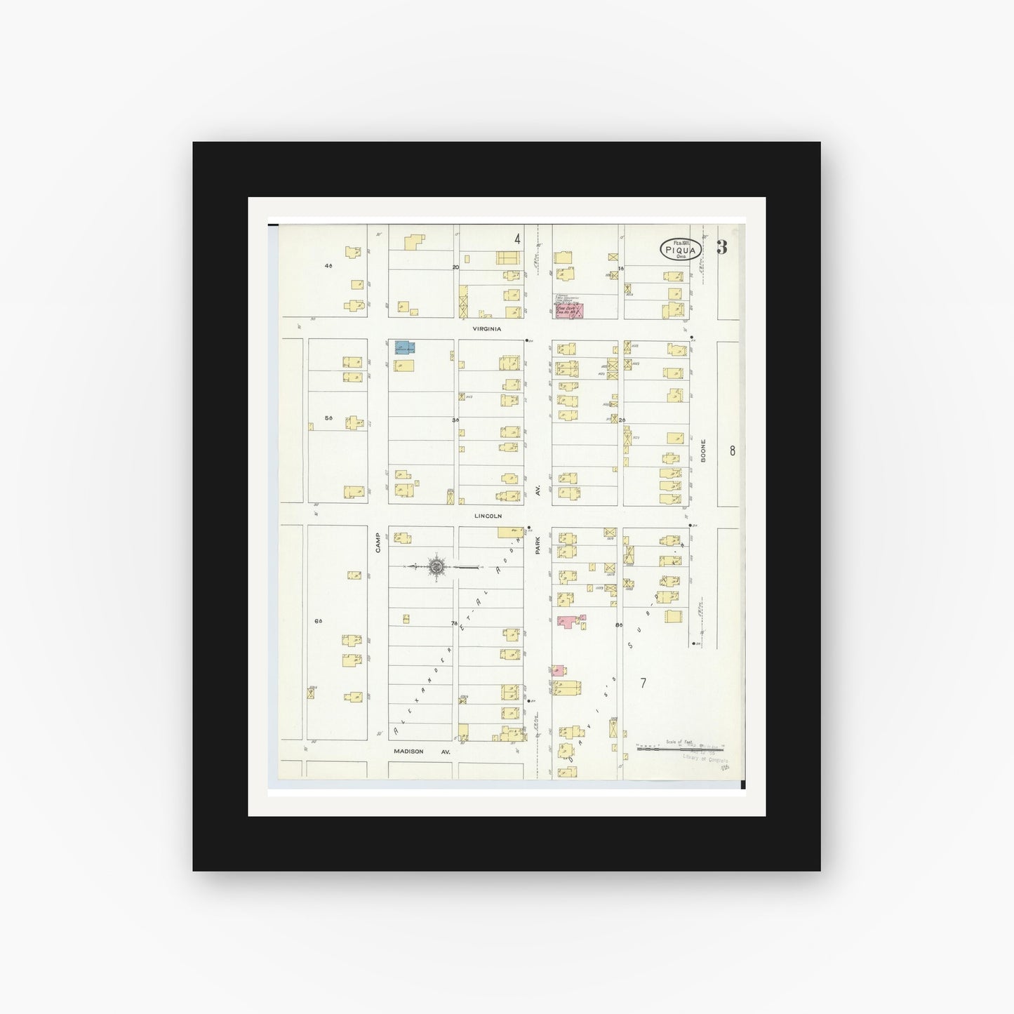 Old map wall art mockup — black gallery frame with white mat — Sanborn Fire Insurance Map from Piqua, Miami County, Ohio (1911), Sheet #0003