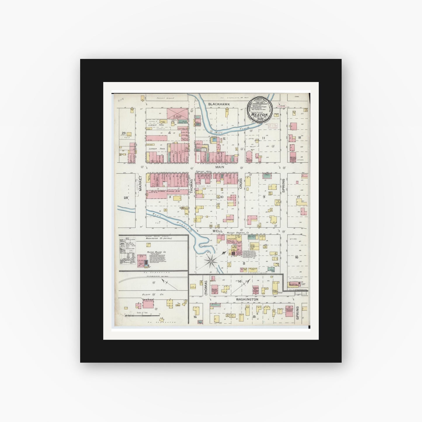 Old map wall art mockup — black gallery frame with white mat — Sanborn Fire Insurance Map from Weston, Platte County, Missouri (1892), Sheet #0001