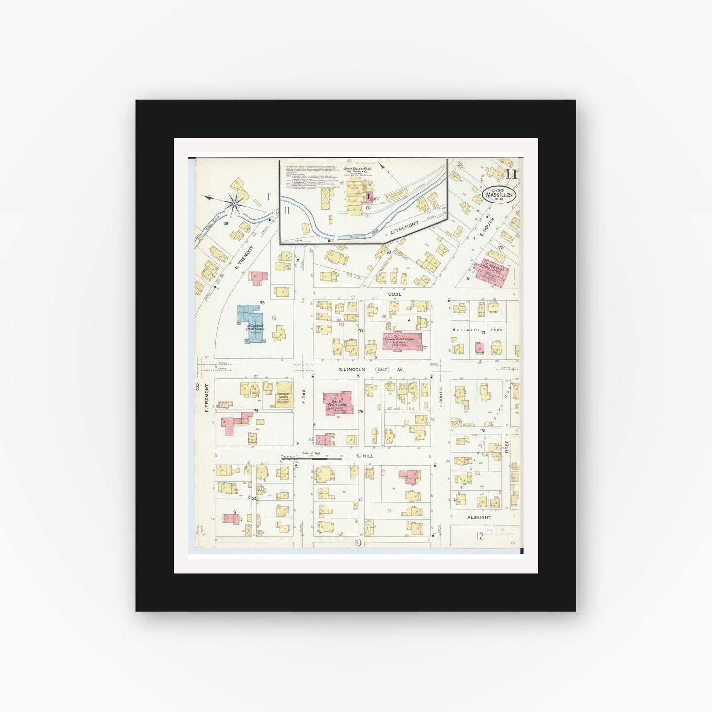 Old map wall art mockup — black gallery frame with white mat — Sanborn Fire Insurance Map from Massillon, Stark County, Ohio (1908), Sheet #0011