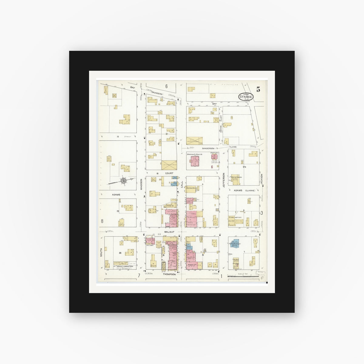 Old map wall art mockup — black gallery frame with white mat — Sanborn Fire Insurance Map from Starke, Bradford County, Florida (1912), Sheet #0005