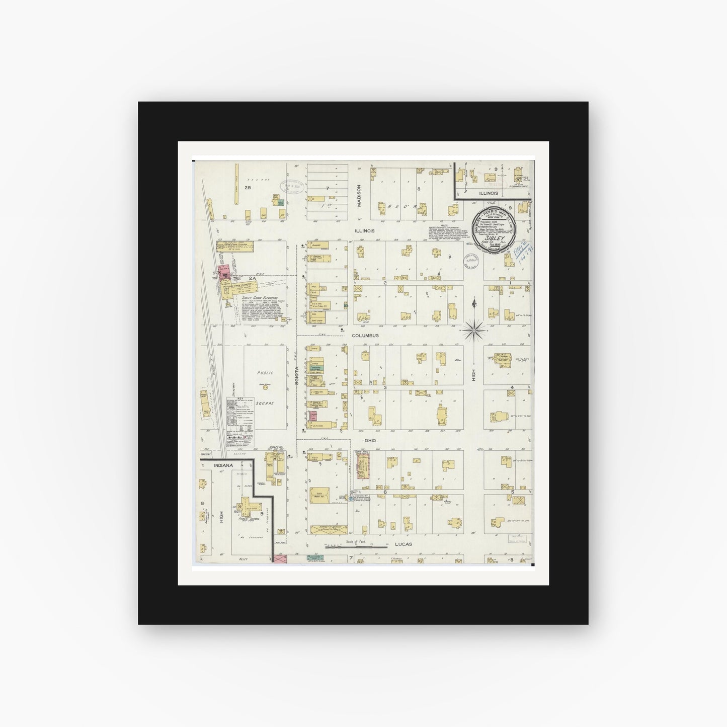 Old map wall art mockup — black gallery frame with white mat — Sanborn Fire Insurance Map from Sibley, Ford County, Illinois (1899), Sheet #0001