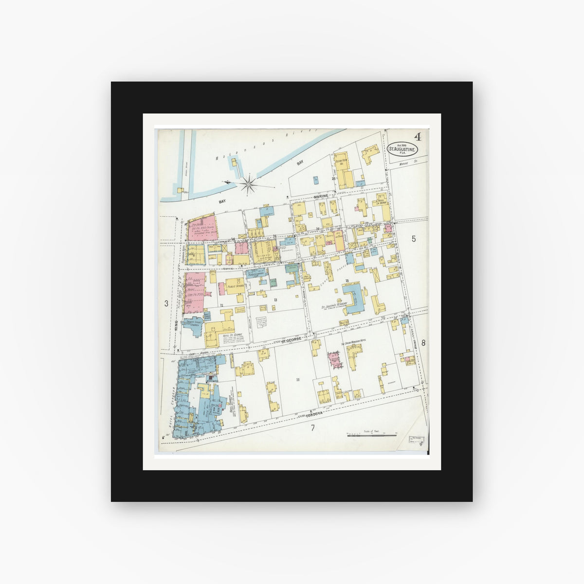 Old map wall art mockup — black gallery frame with white mat — Sanborn Fire Insurance Map from Saint Augustine, Saint John's County, Florida (1899), Sheet #0004