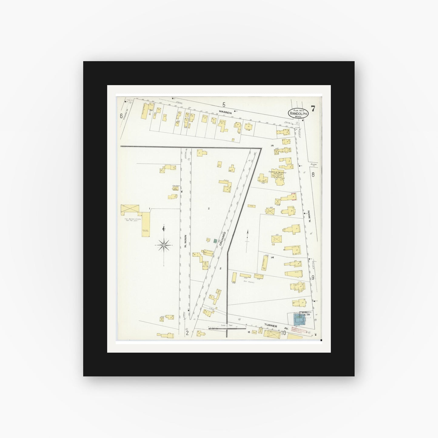 Old map wall art mockup — black gallery frame with white mat — Sanborn Fire Insurance Map from Randolph, Norfolk County, Massachusetts (1909), Sheet #0007