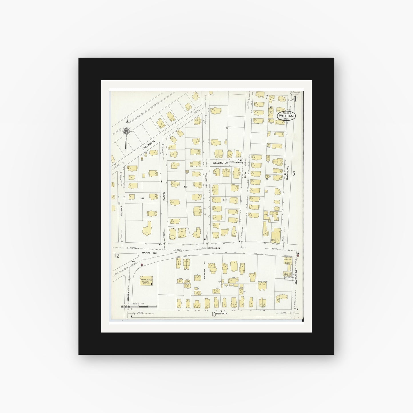 Old map wall art mockup — black gallery frame with white mat — Sanborn Fire Insurance Map from Waltham, Middlesex County, Massachusetts (1911), Sheet #0004