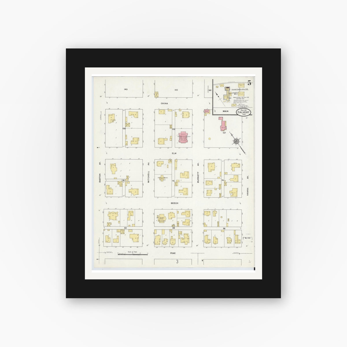 Old map wall art mockup — black gallery frame with white mat — Sanborn Fire Insurance Map from Calvert, Robertson County, Texas (1911), Sheet #0005