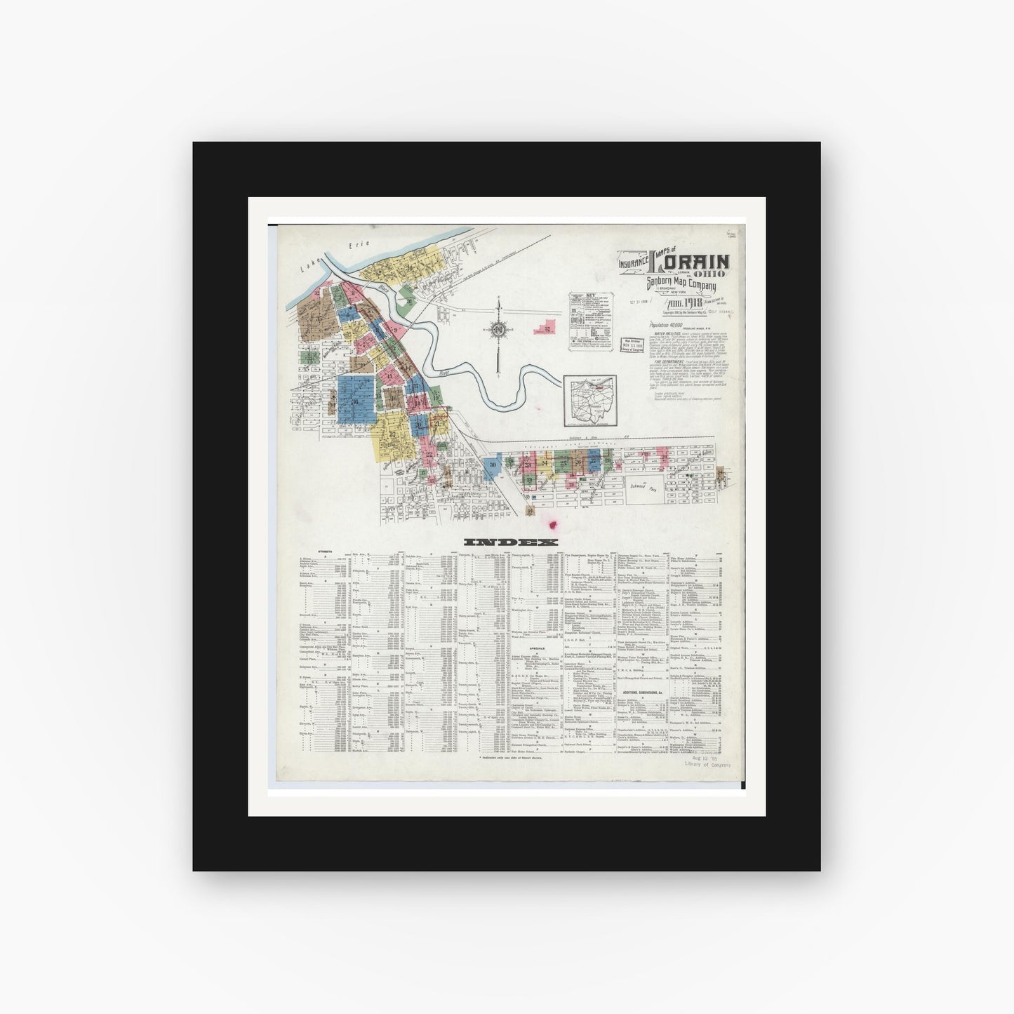 Old map wall art mockup — black gallery frame with white mat — Sanborn Fire Insurance Map from Lorain, Lorain County, Ohio (1918), Sheet #0001