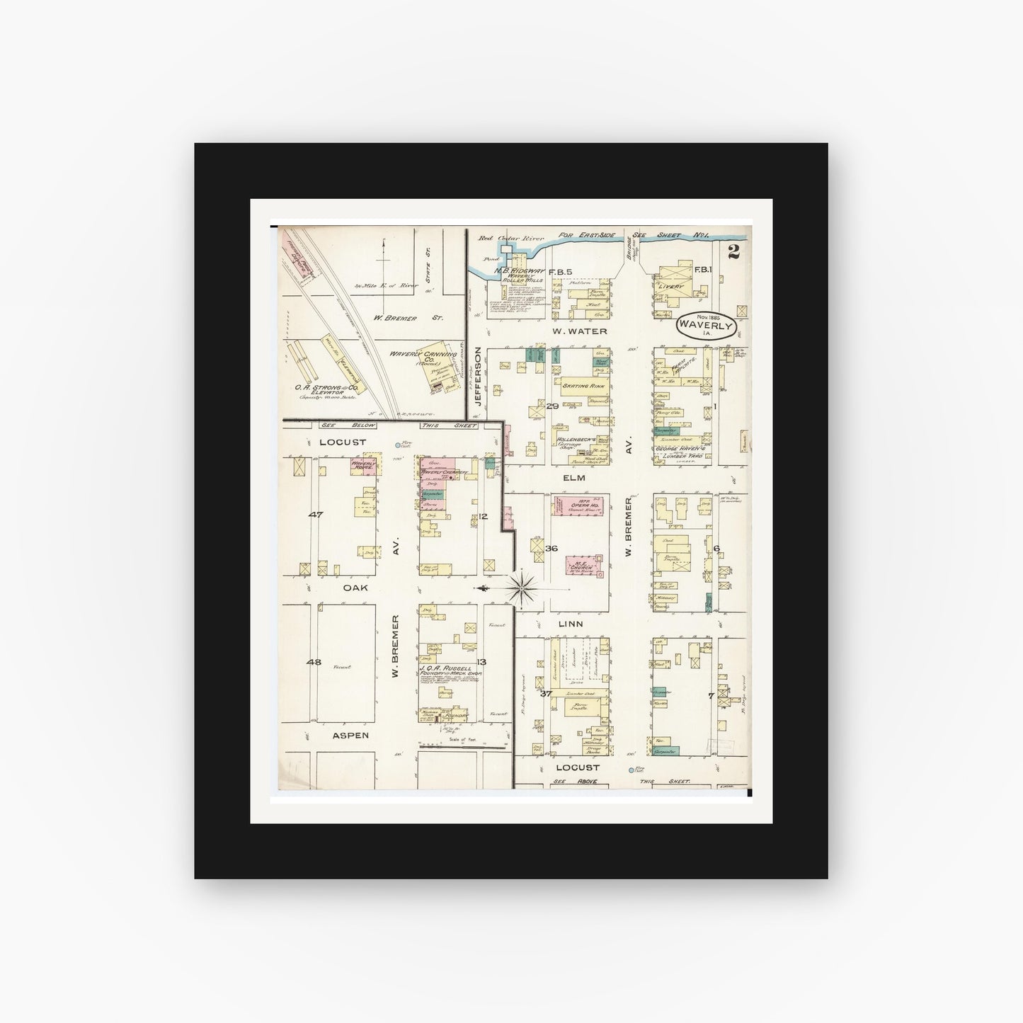 Old map wall art mockup — black gallery frame with white mat — Sanborn Fire Insurance Map from Waverly, Bremer County, Iowa (1885), Sheet #0002