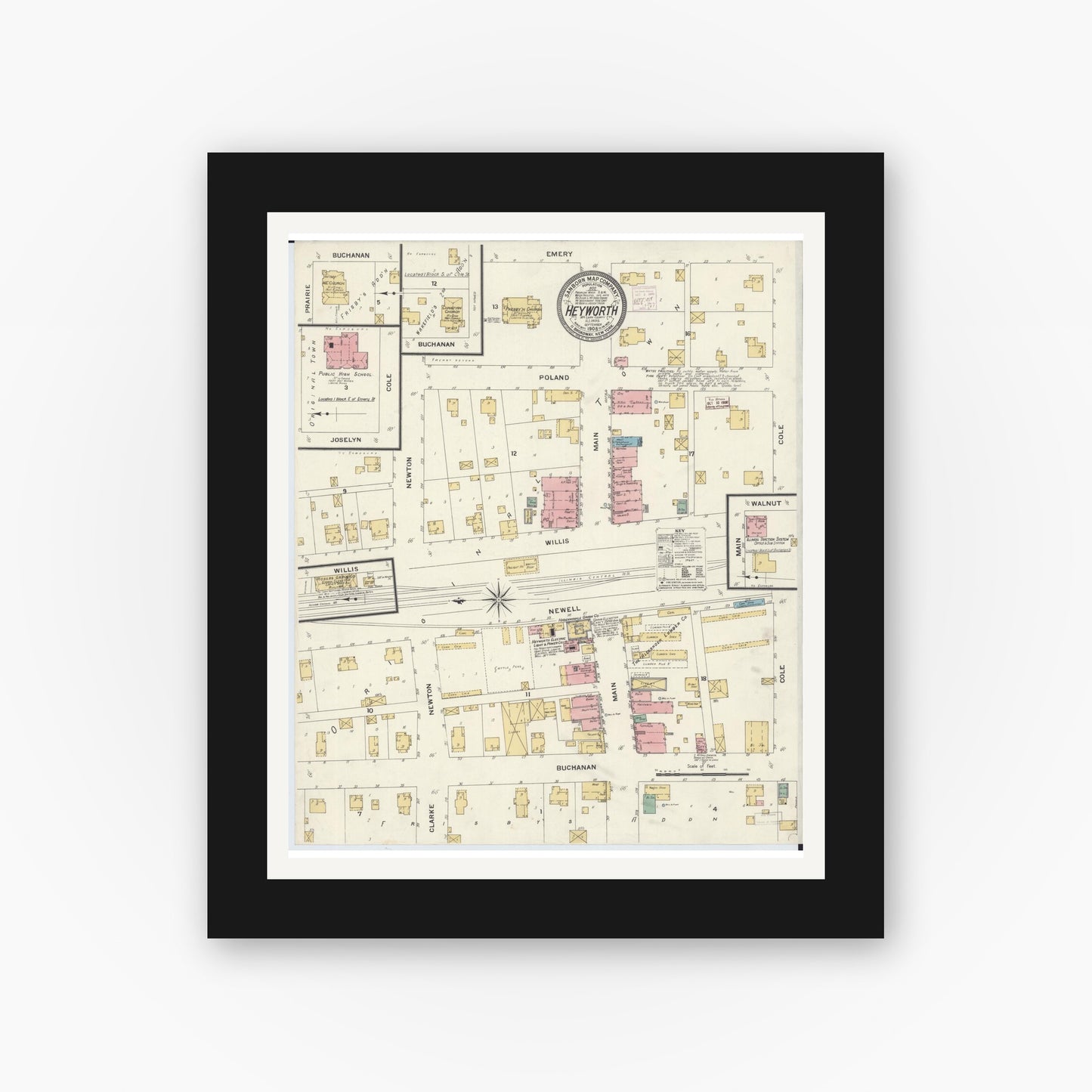 Old map wall art mockup — black gallery frame with white mat — Sanborn Fire Insurance Map from Heyworth, McLean County, Illinois (1908), Sheet #0001