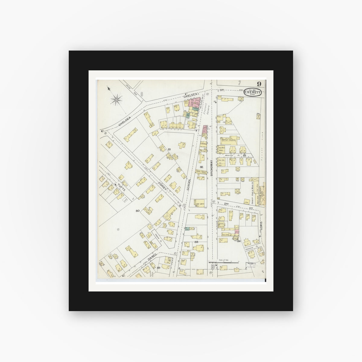 Old map wall art mockup — black gallery frame with white mat — Sanborn Fire Insurance Map from Everett, Middlesex County, Massachusetts (1892), Sheet #0009