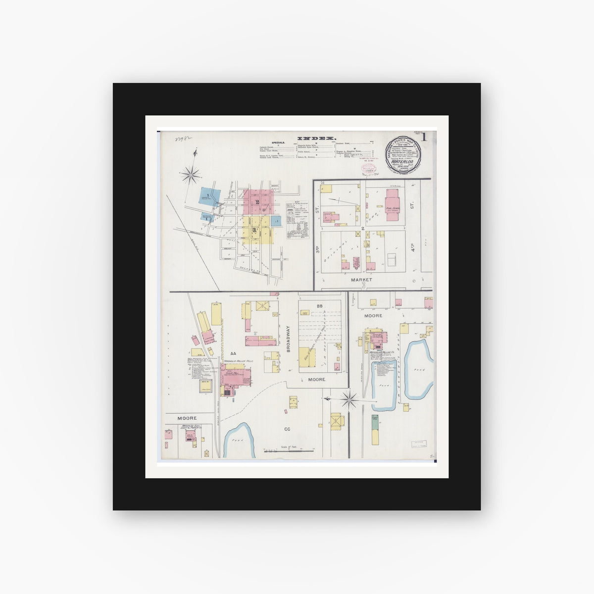 Old map wall art mockup — black gallery frame with white mat — Sanborn Fire Insurance Map from Waterloo, Monroe County, Illinois (1898), Sheet #0001
