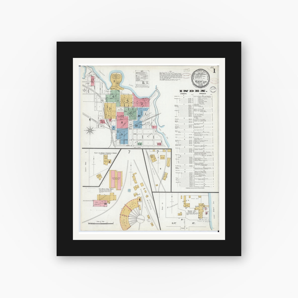 Old map wall art mockup — black gallery frame with white mat — Sanborn Fire Insurance Map from Albert Lea, Freeborn County, Minnesota (1899), Sheet #0001