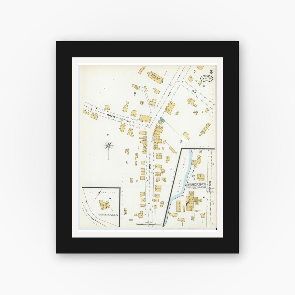 Old map wall art mockup — black gallery frame with white mat — Sanborn Fire Insurance Map from Chester, Orange County, New York (1900), Sheet #0003