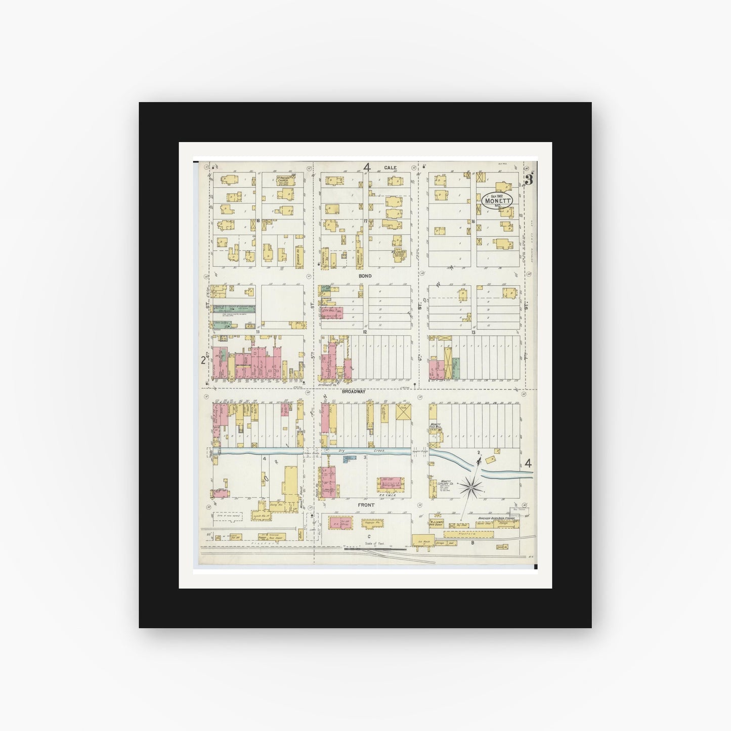 Old map wall art mockup — black gallery frame with white mat — Sanborn Fire Insurance Map from Monett, Barry County, Missouri (1902), Sheet #0003