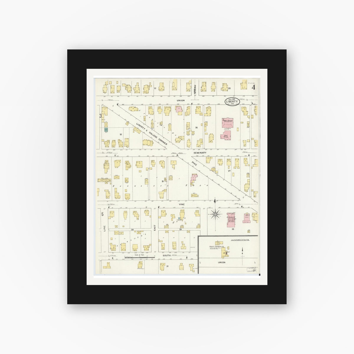 Old map wall art mockup — black gallery frame with white mat — Sanborn Fire Insurance Map from Liberty, Union County, Indiana (1909), Sheet #0004