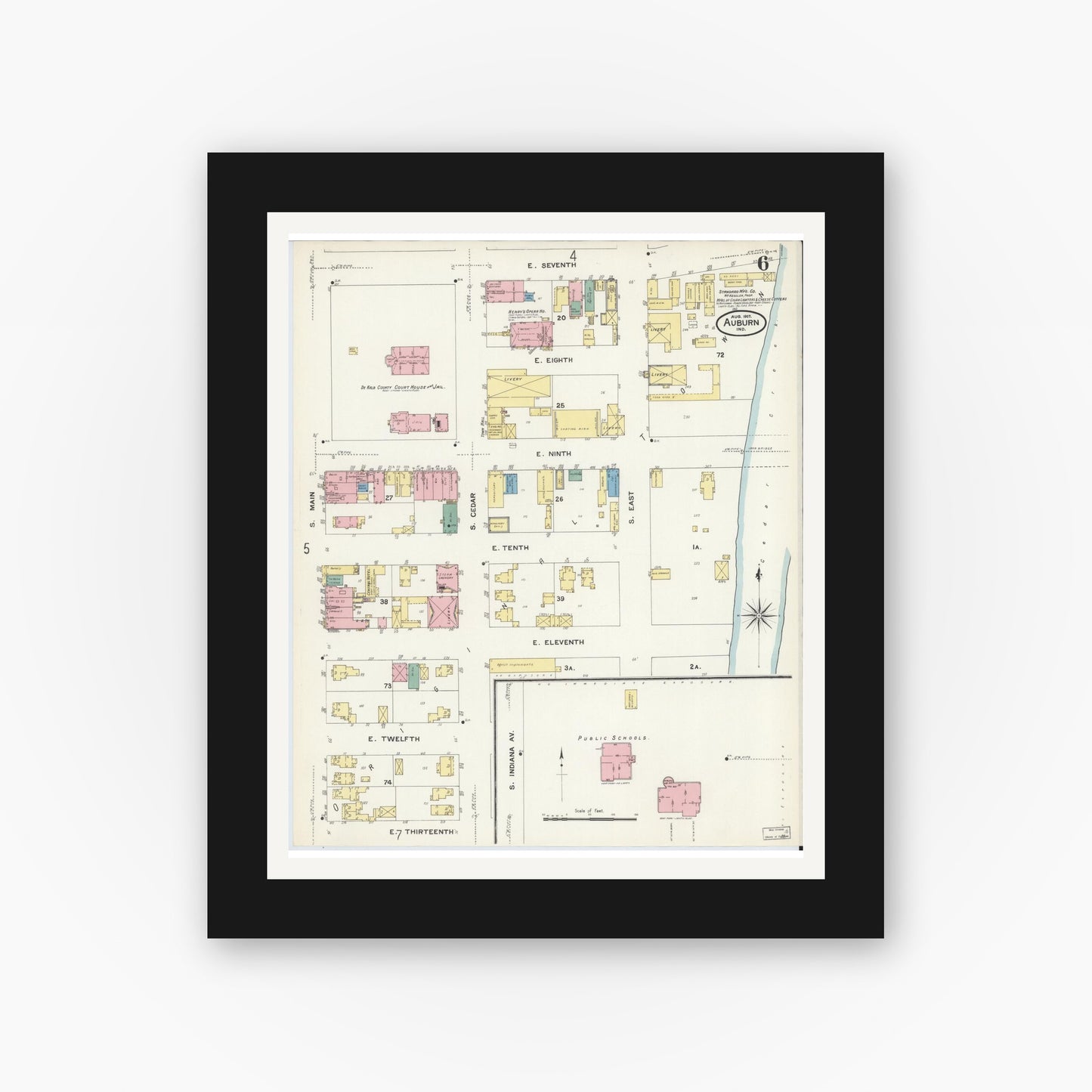 Old map wall art mockup — black gallery frame with white mat — Sanborn Fire Insurance Map from Auburn, De Kalb County, Indiana (1907), Sheet #0006