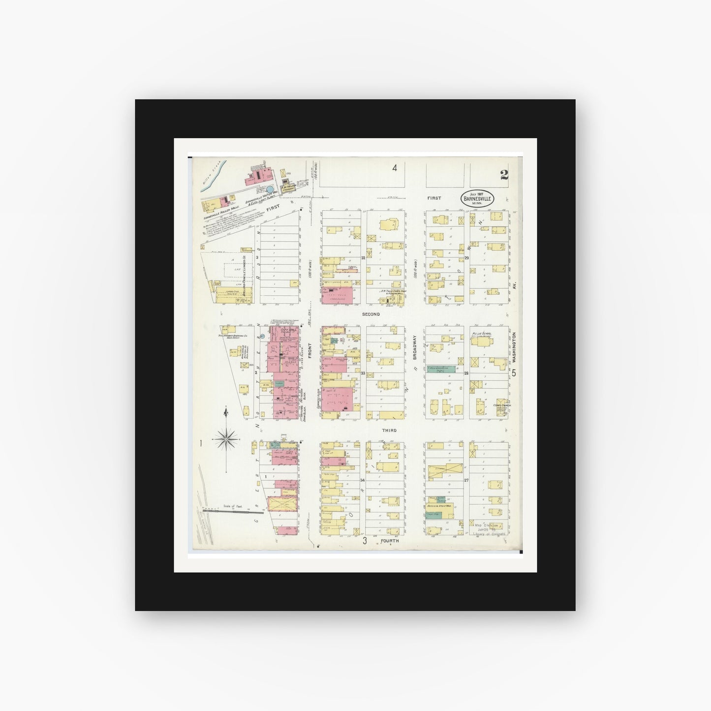 Old map wall art mockup — black gallery frame with white mat — Sanborn Fire Insurance Map from Barnesville, Clay County, Minnesota (1907), Sheet #0002