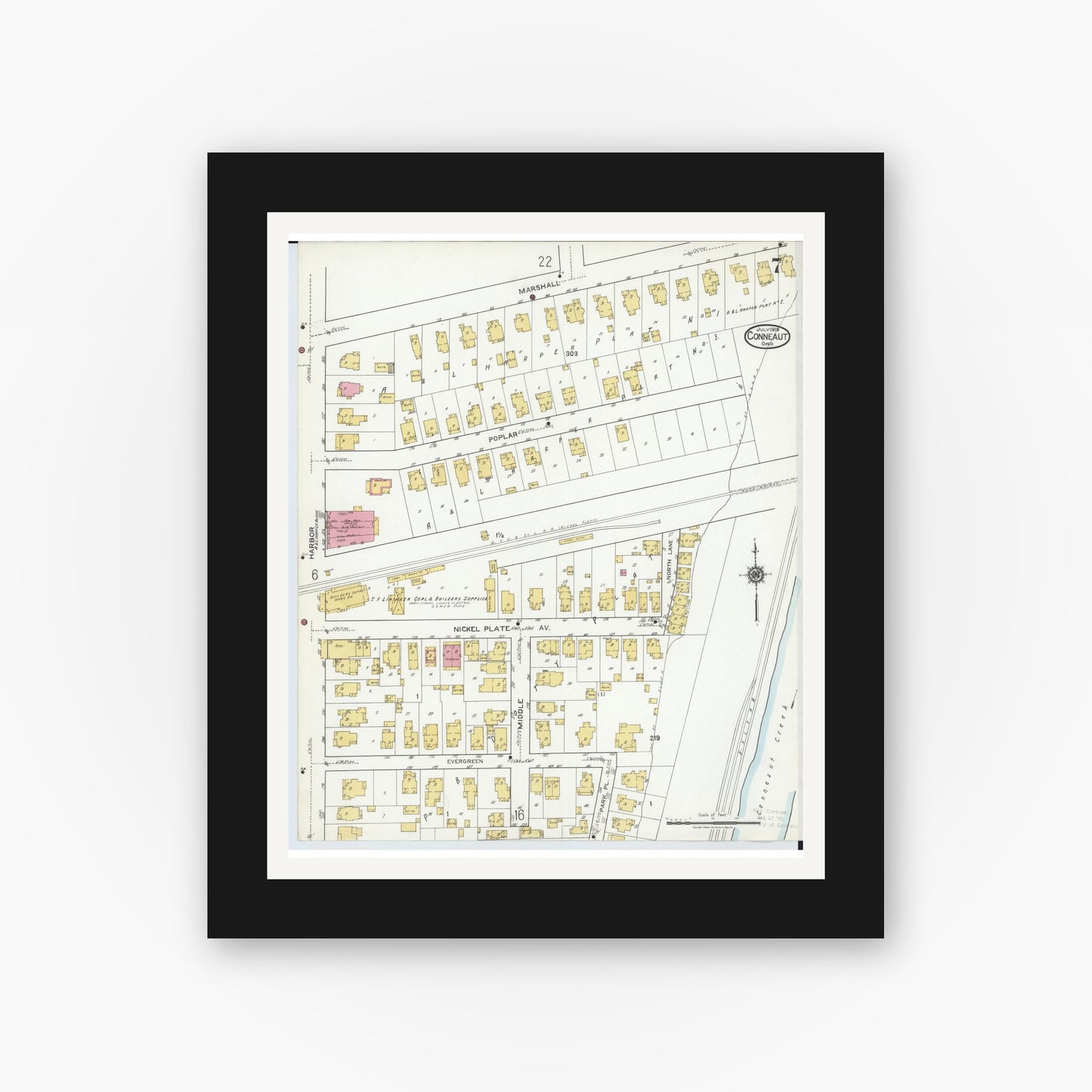 Old map wall art mockup — black gallery frame with white mat — Sanborn Fire Insurance Map from Conneaut, Ashtabula County, Ohio (1919), Sheet #0007