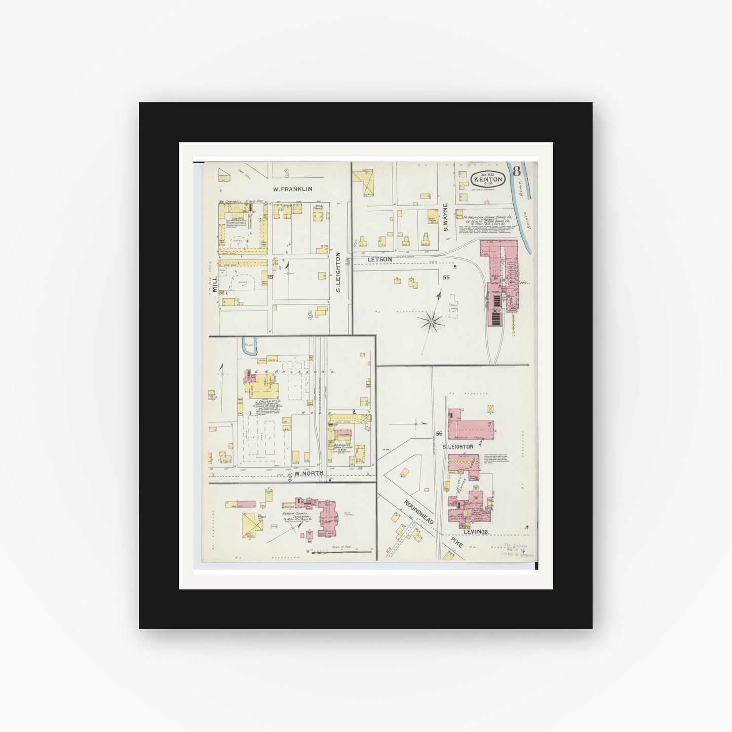Old map wall art mockup — black gallery frame with white mat — Sanborn Fire Insurance Map from Kenton, Hardin County, Ohio (1892), Sheet #0008