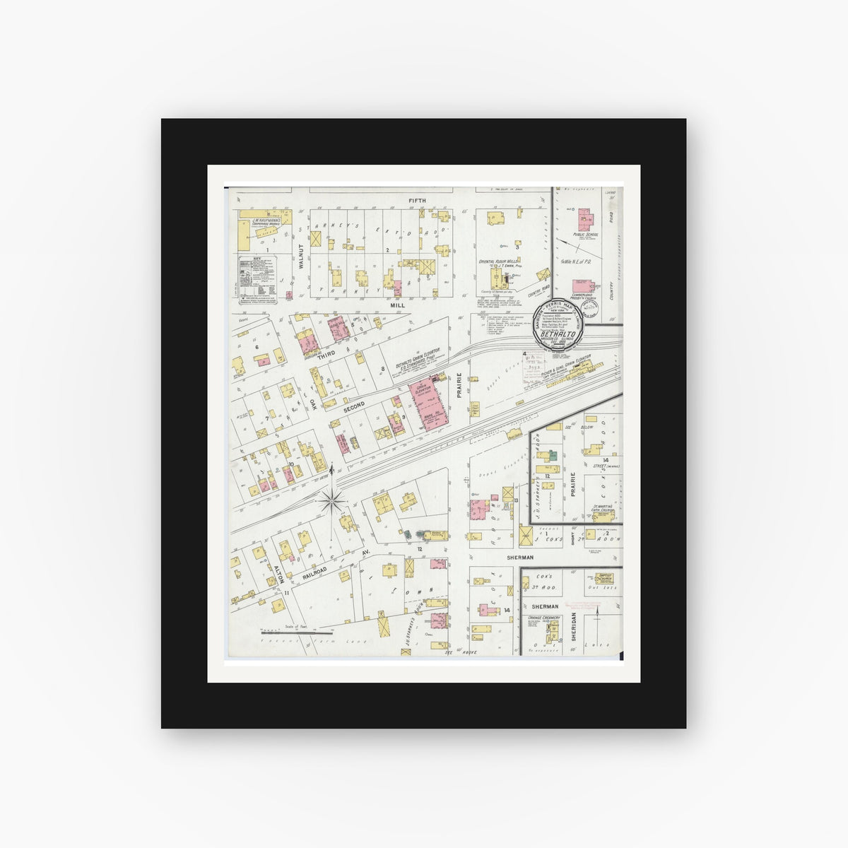 Old map wall art mockup — black gallery frame with white mat — Sanborn Fire Insurance Map from Bethalto, Madison County, Illinois (1899), Sheet #0001