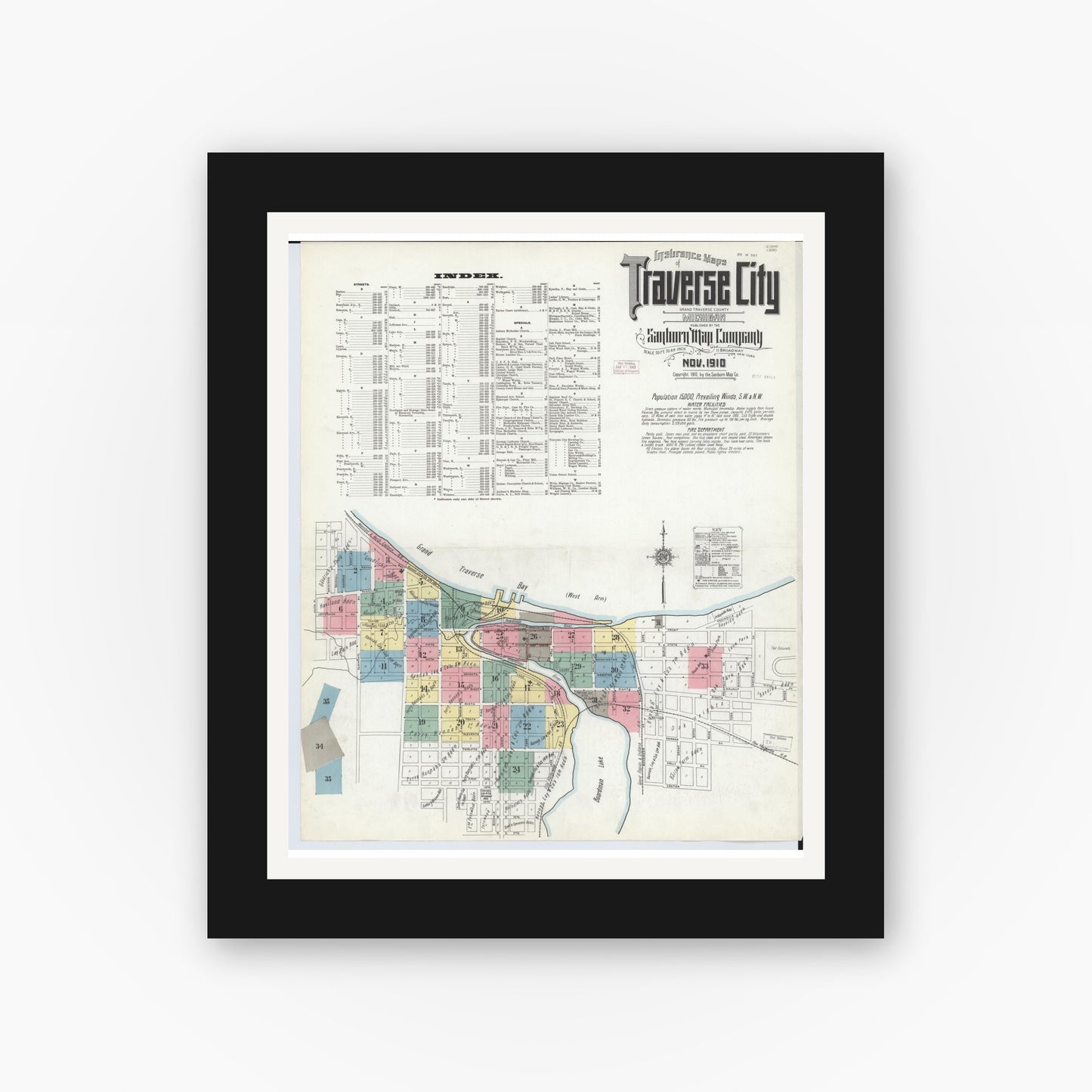 Old map wall art mockup — black gallery frame with white mat — Sanborn Fire Insurance Map from Traverse City, Grand Traverse County, Michigan (1910), Sheet #0001
