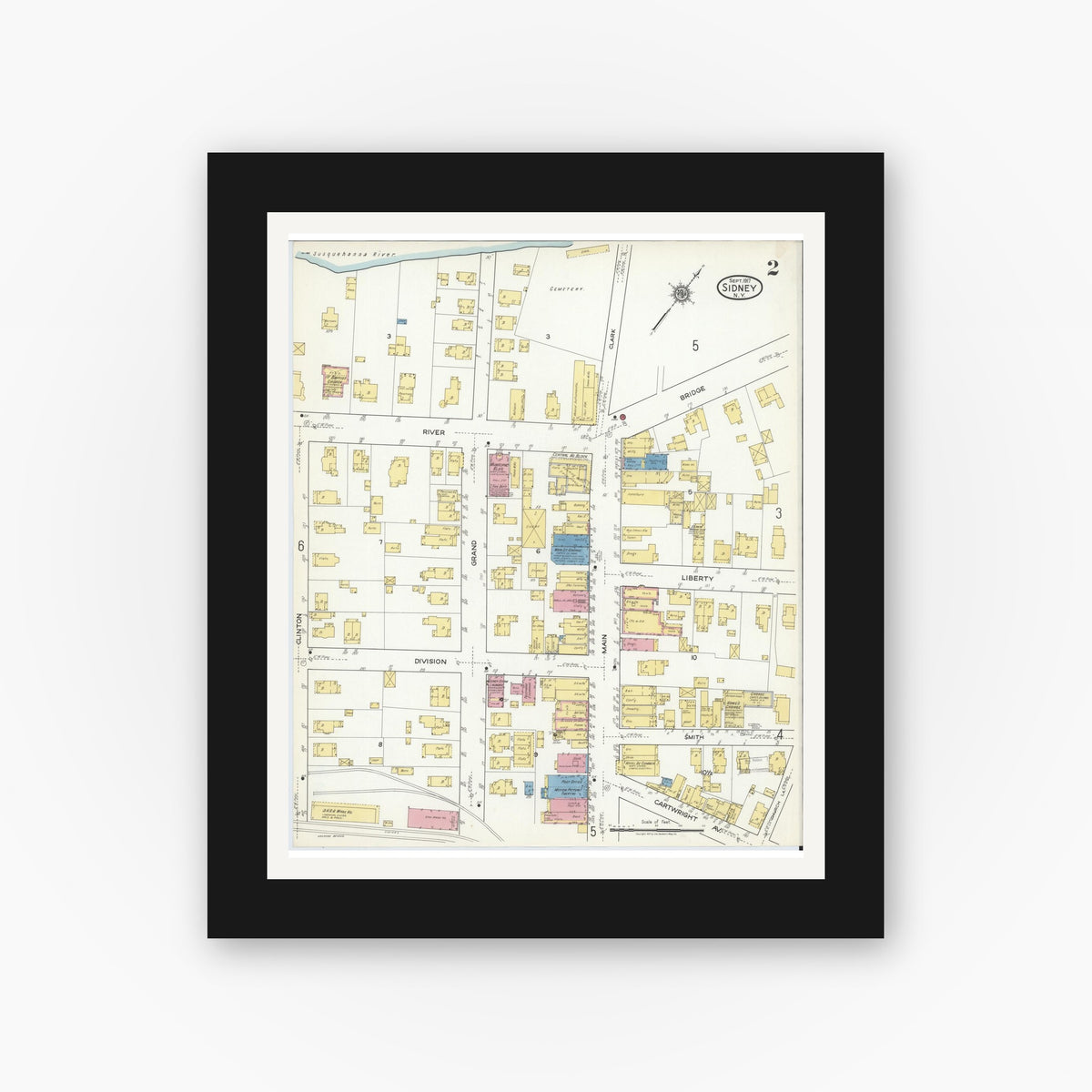 Old map wall art mockup — black gallery frame with white mat — Sanborn Fire Insurance Map from Sidney, Delaware County, New York (1917), Sheet #0002