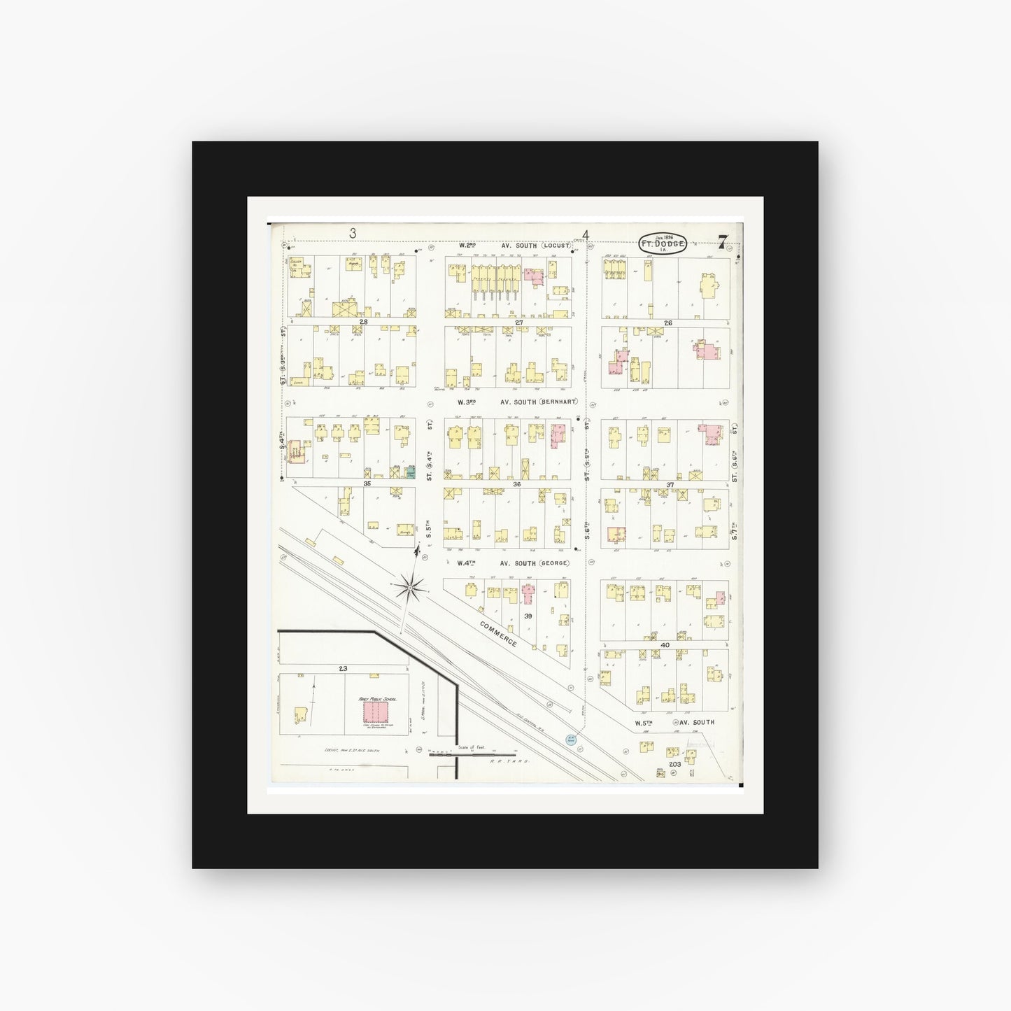 Old map wall art mockup — black gallery frame with white mat — Sanborn Fire Insurance Map from Fort Dodge, Webster County, Iowa (1896), Sheet #0007