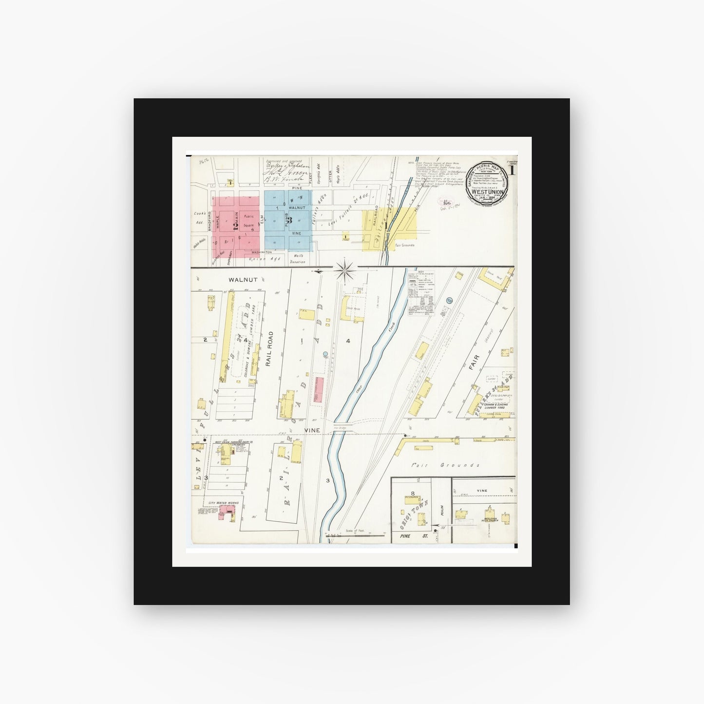 Old map wall art mockup — black gallery frame with white mat — Sanborn Fire Insurance Map from West Union, Fayette County, Iowa (1894), Sheet #0001