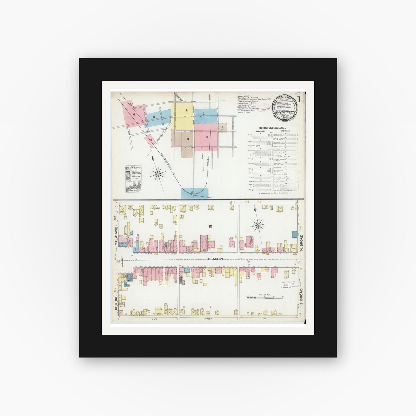 Old map wall art mockup — black gallery frame with white mat — Sanborn Fire Insurance Map from Waynesboro, Franklin County, Pennsylvania (1891), Sheet #0001
