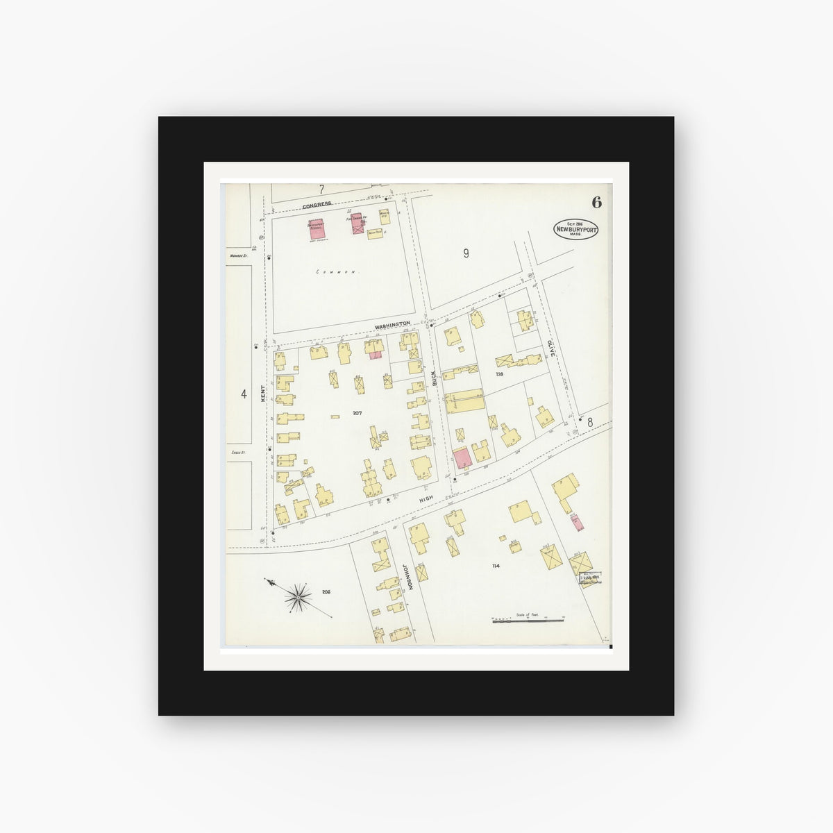 Old map wall art mockup — black gallery frame with white mat — Sanborn Fire Insurance Map from Newburyport, Essex County, Massachusetts (1906), Sheet #0006