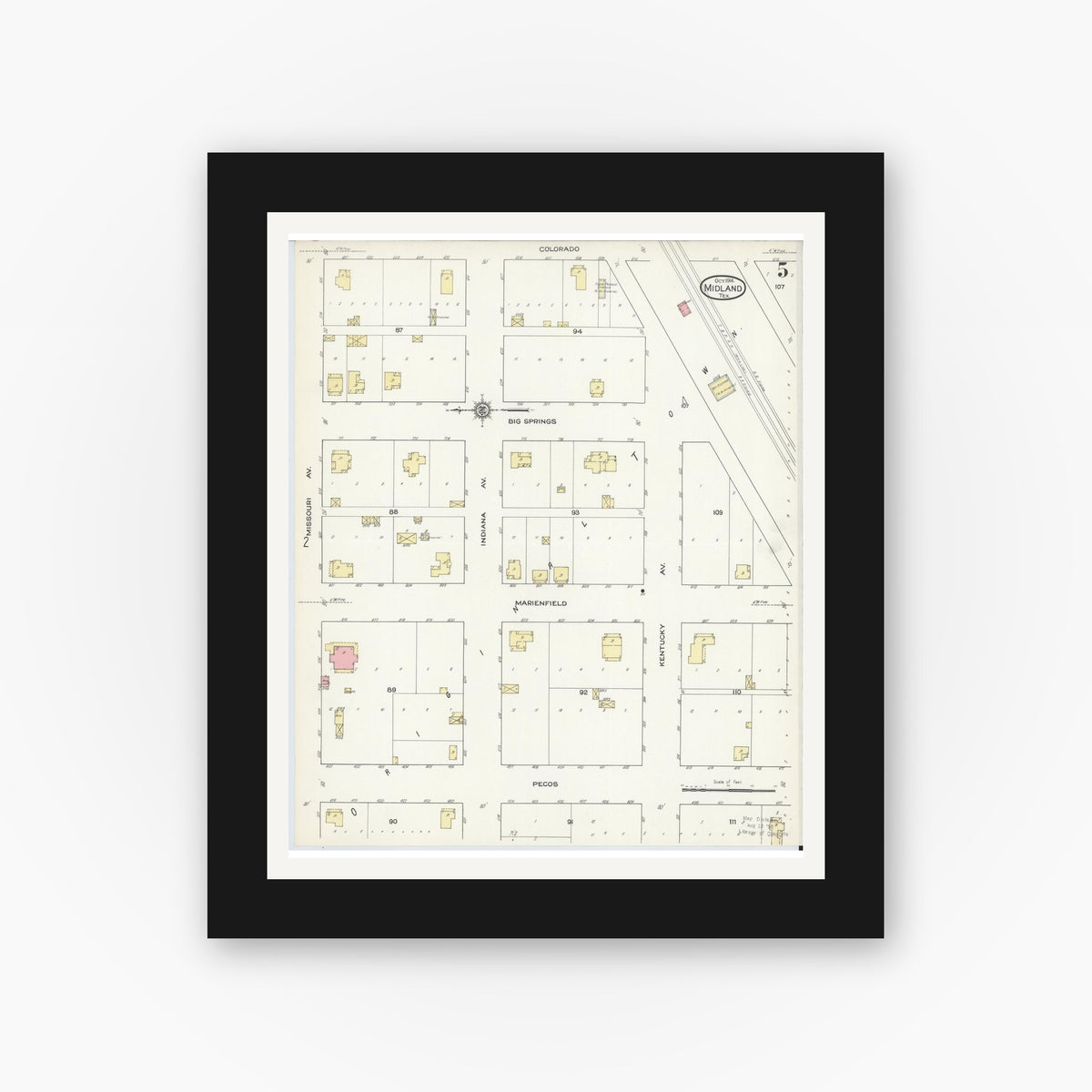 Old map wall art mockup — black gallery frame with white mat — Sanborn Fire Insurance Map from Midland, Midland County, Texas (1914), Sheet #0005