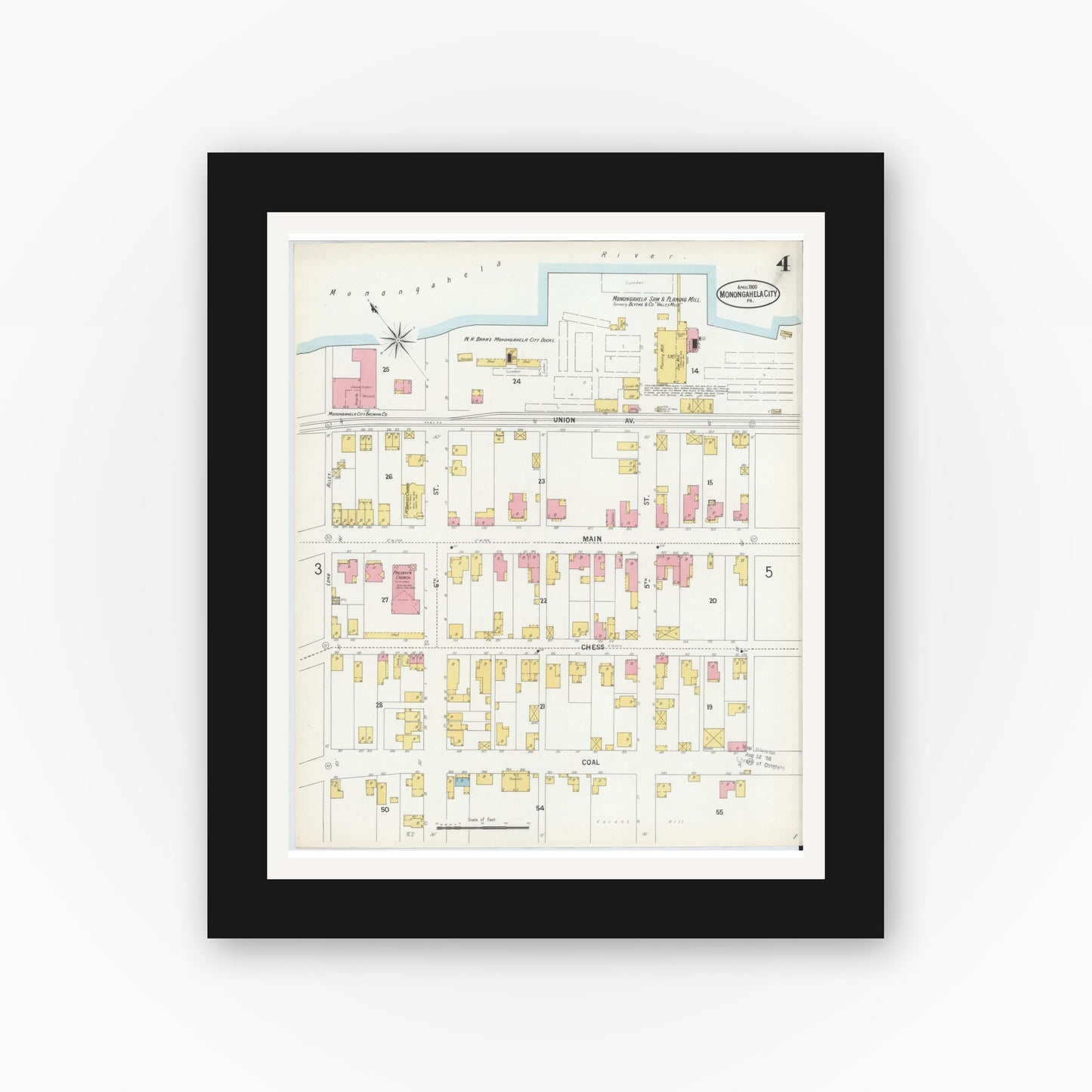 Old map wall art mockup — black gallery frame with white mat — Sanborn Fire Insurance Map from Monongahela City, Washington County, Pennsylvania (1900), Sheet #0004