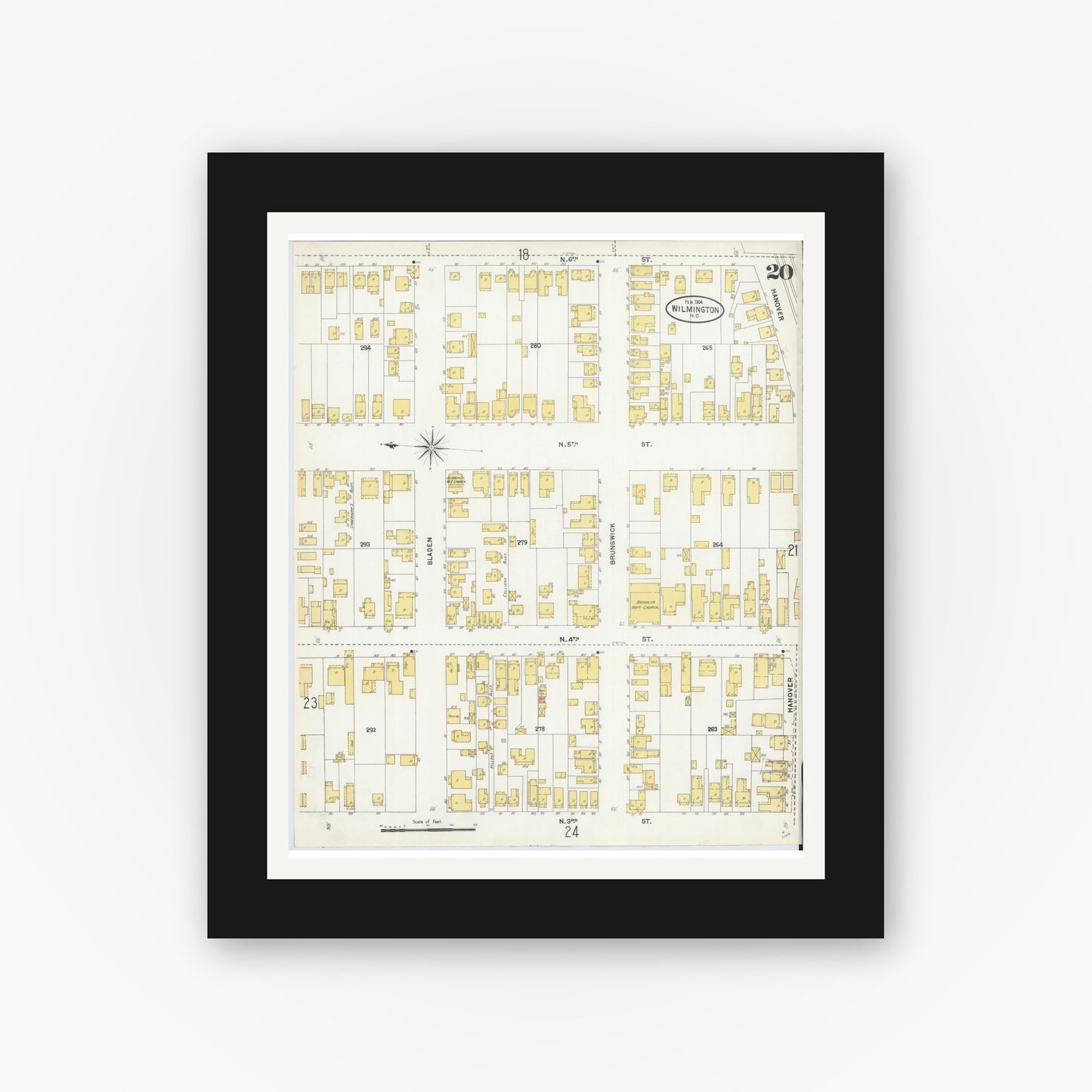 Old map wall art mockup — black gallery frame with white mat — Sanborn Fire Insurance Map from Wilmington, New Hanover County, North Carolina (1904), Sheet #0020