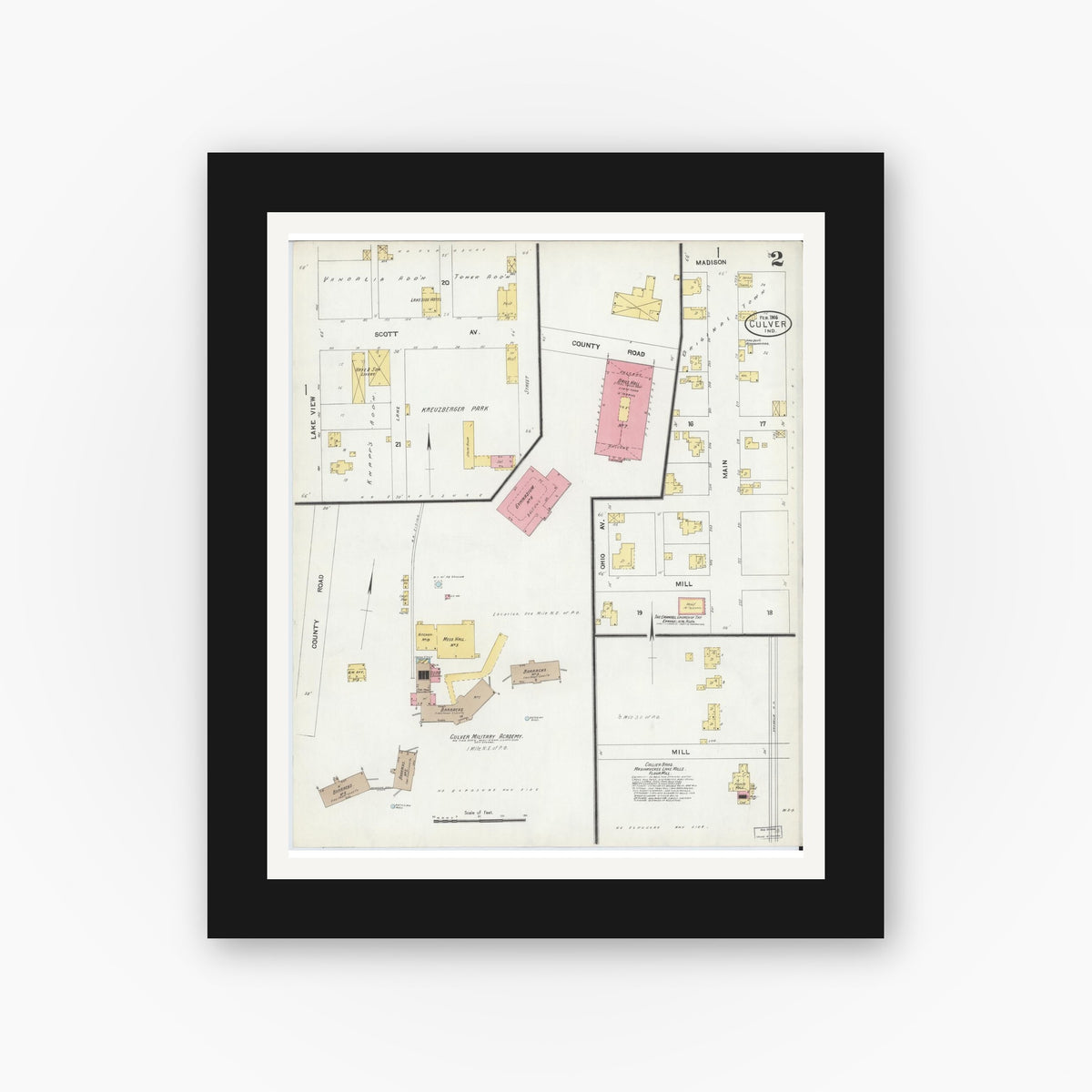 Old map wall art mockup — black gallery frame with white mat — Sanborn Fire Insurance Map from Culver, Marshall County, Indiana (1906), Sheet #0002