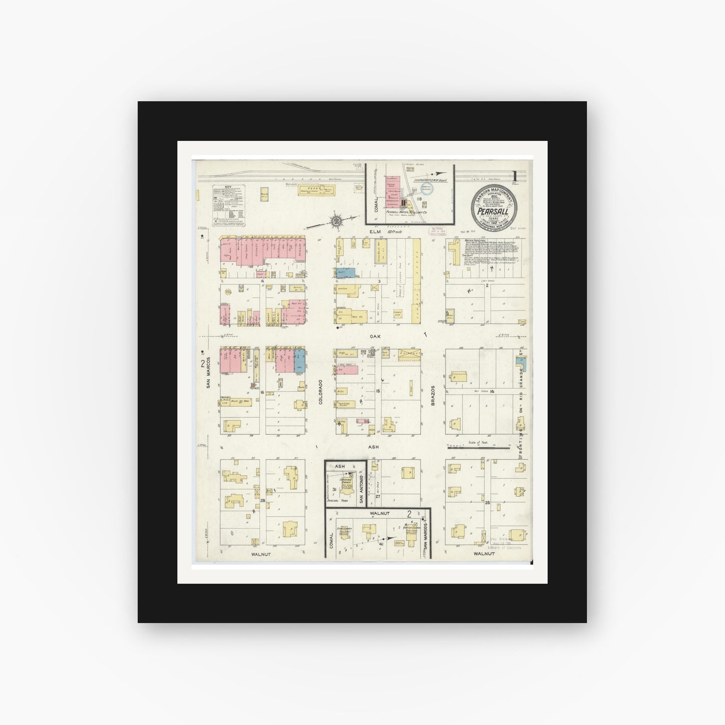 Old map wall art mockup — black gallery frame with white mat — Sanborn Fire Insurance Map from Pearsall, Frio County, Texas (1912) - Complete Map Set