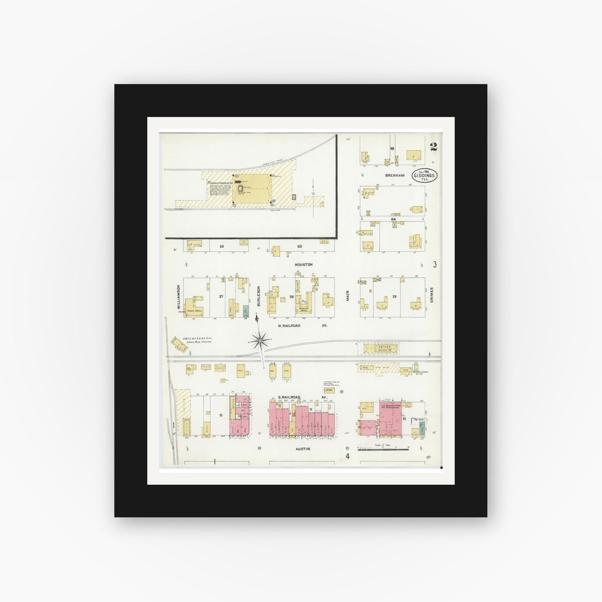 Old map wall art mockup — black gallery frame with white mat — Sanborn Fire Insurance Map from Giddings, Lee County, Texas (1906), Sheet #0002
