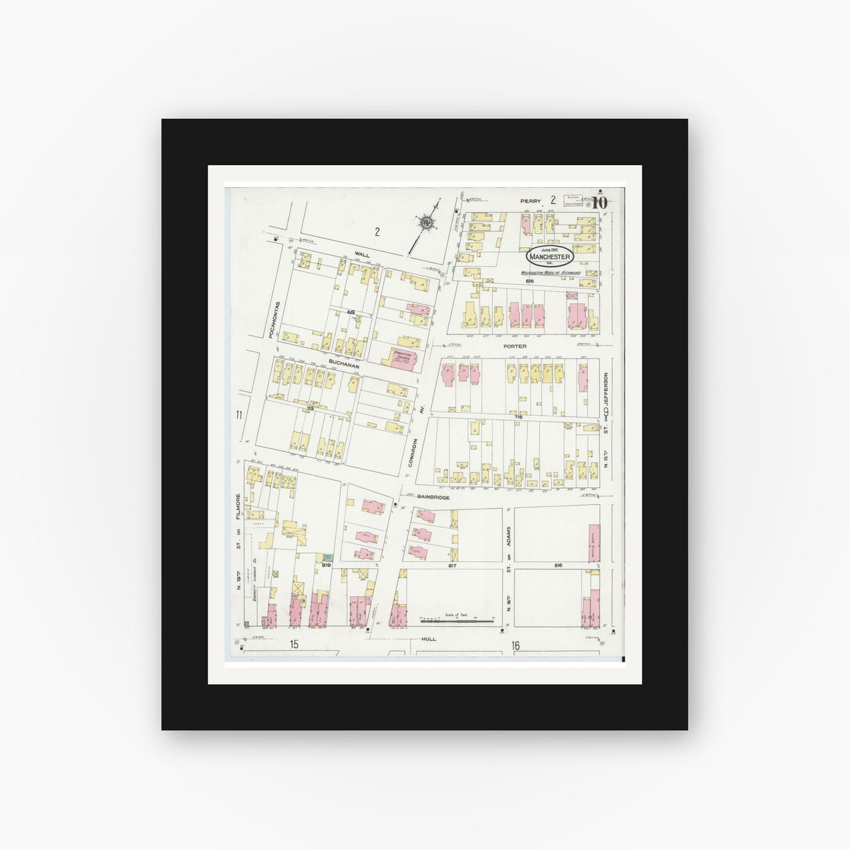 Old map wall art mockup — black gallery frame with white mat — Sanborn Fire Insurance Map from Manchester, Chesterfield County, Virginia (1910), Sheet #0010