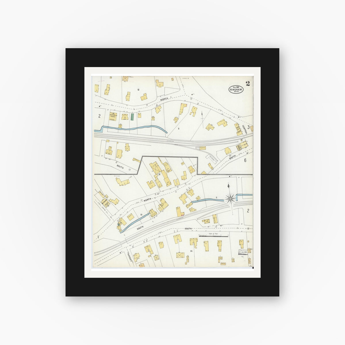 Old map wall art mockup — black gallery frame with white mat — Sanborn Fire Insurance Map from Hingham, Plymouth County, Massachusetts (1903), Sheet #0002