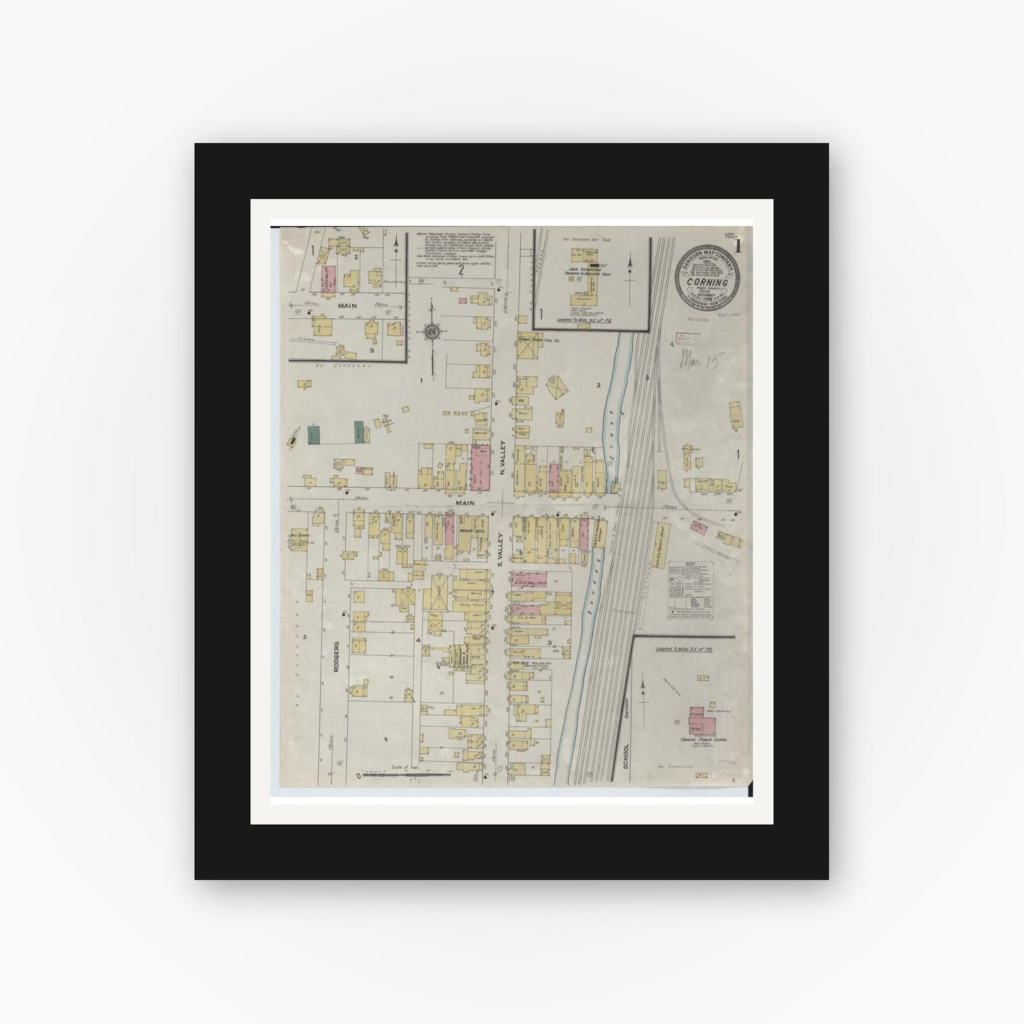 Old map wall art mockup — black gallery frame with white mat — Sanborn Fire Insurance Map from Corning, Perry County, Ohio (1909) - Complete Map Set