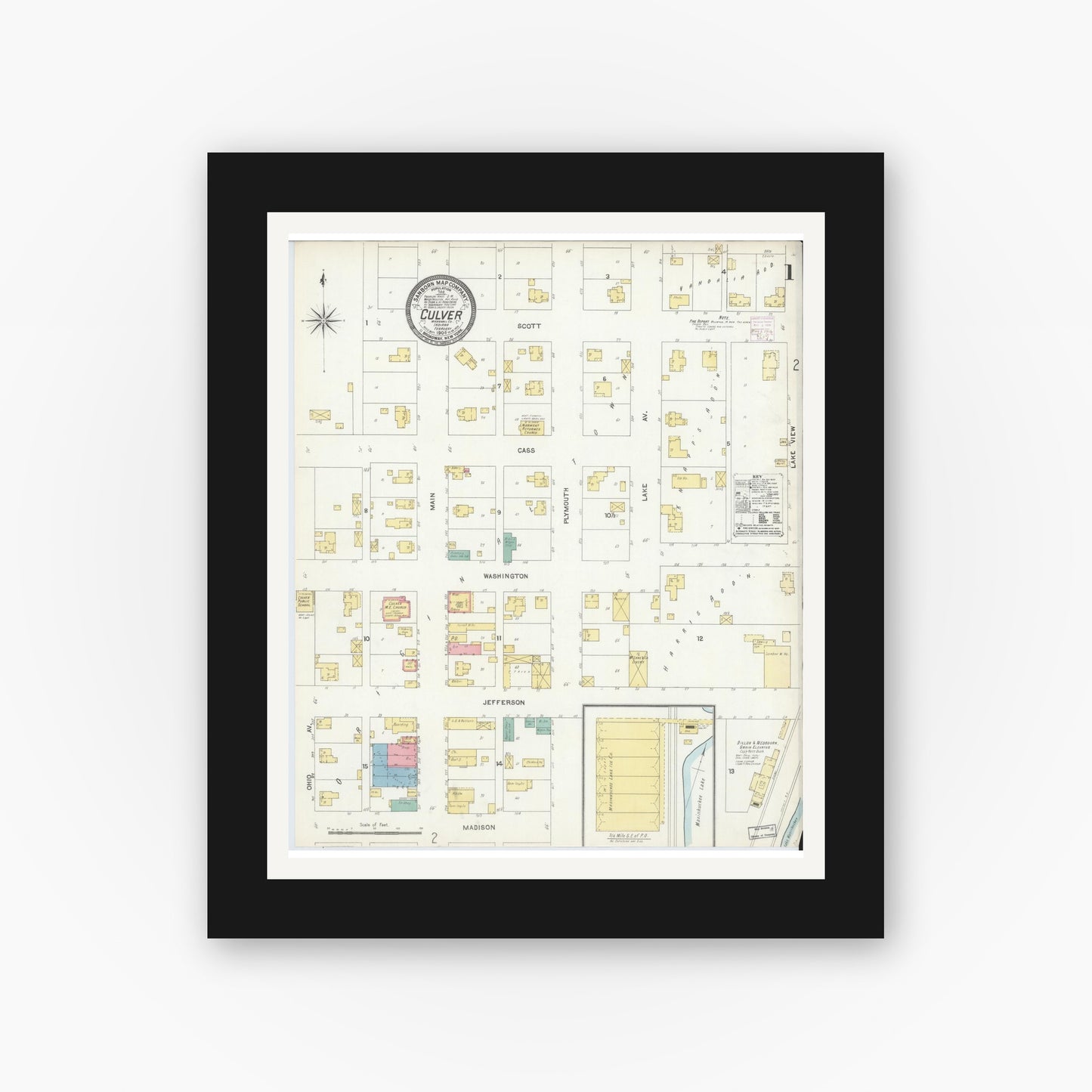 Old map wall art mockup — black gallery frame with white mat — Sanborn Fire Insurance Map from Culver, Marshall County, Indiana (1906) - Complete Map Set