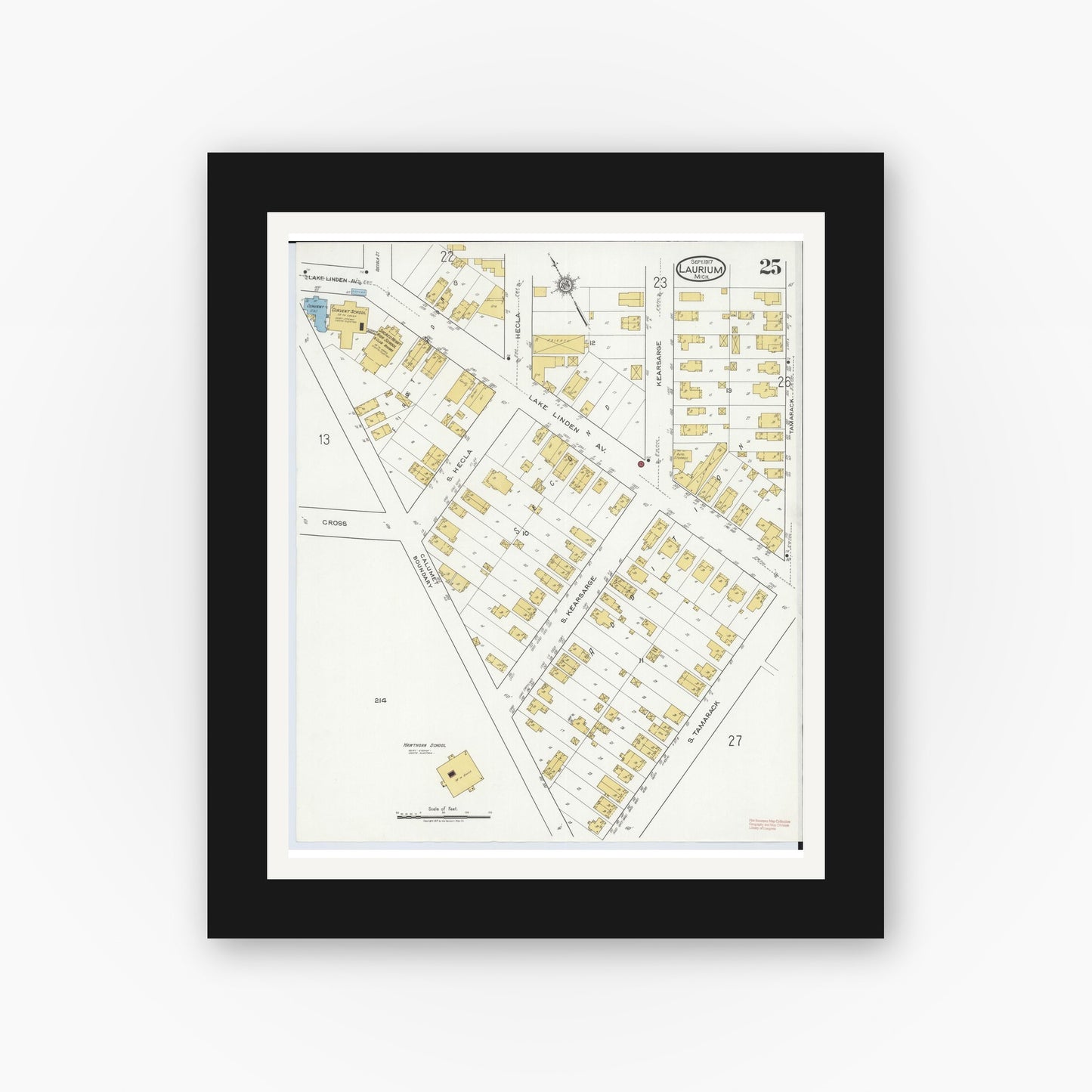 Old map wall art mockup — black gallery frame with white mat — Sanborn Fire Insurance Map from Laurium, Houghton County, Michigan (1917), Sheet #0025