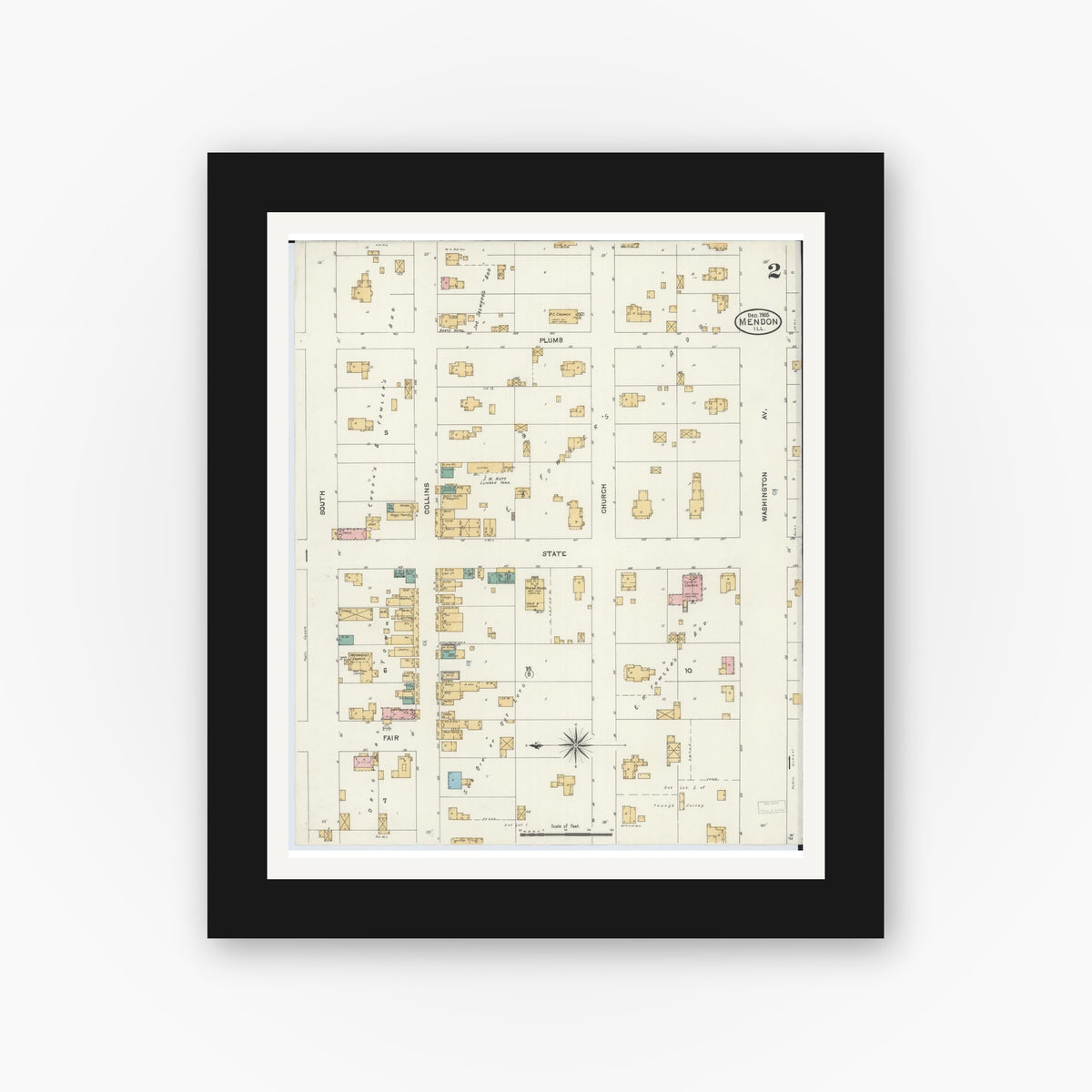 Old map wall art mockup — black gallery frame with white mat — Sanborn Fire Insurance Map from Mendon, Adams County, Illinois (1905), Sheet #0002
