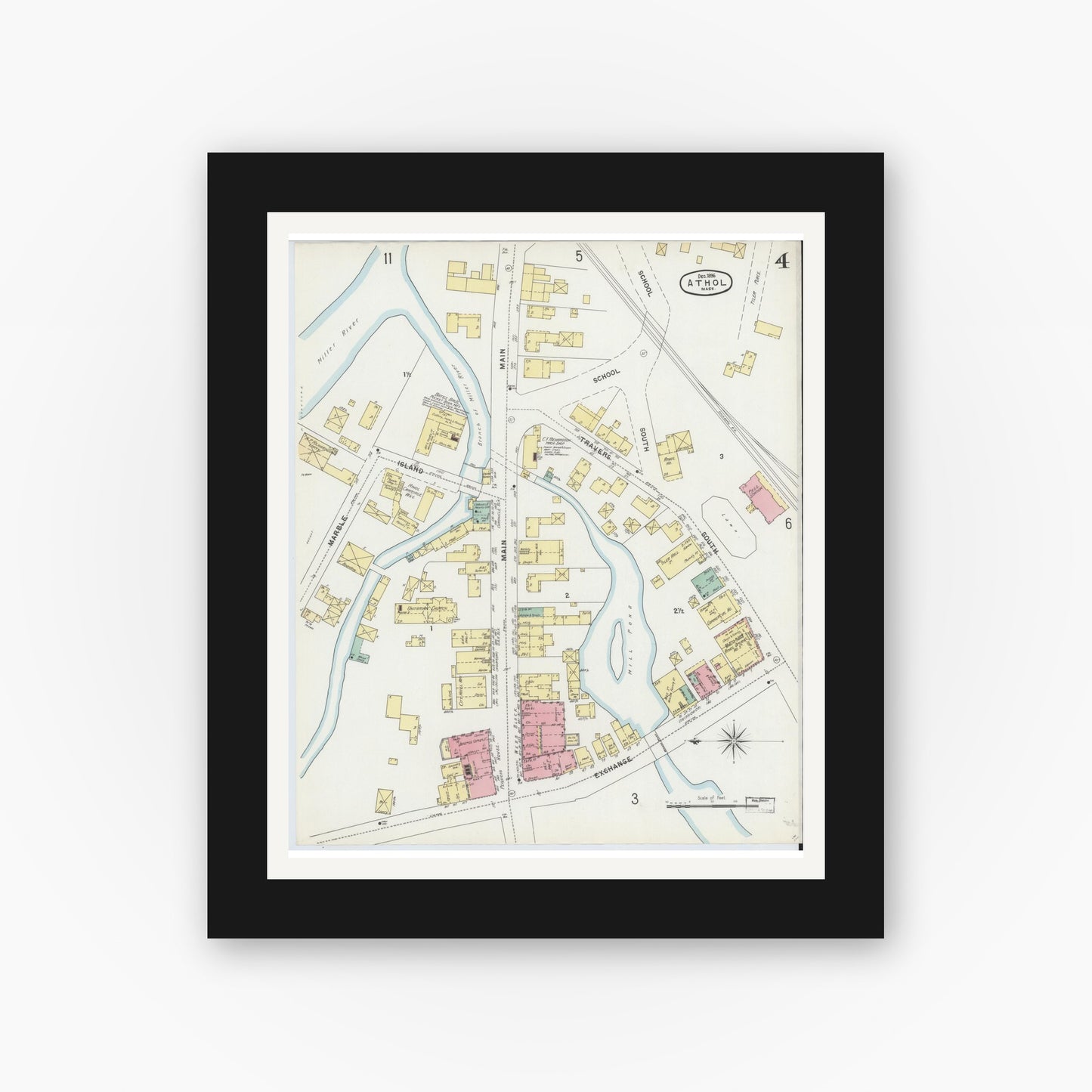 Old map wall art mockup — black gallery frame with white mat — Sanborn Fire Insurance Map from Athol, Worcester County, Massachusetts (1896), Sheet #0004